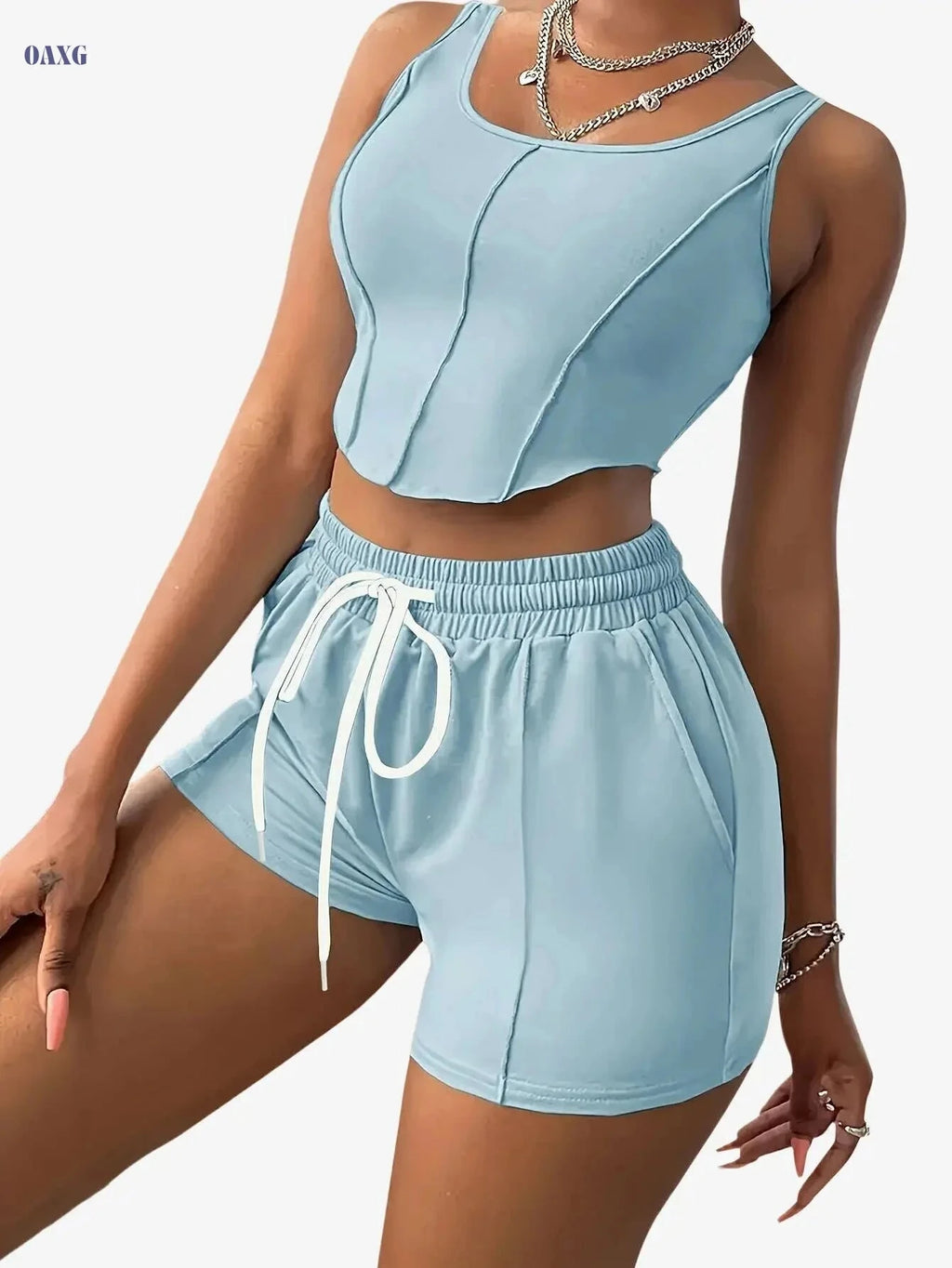 Women's Casual Sportswear Set - Sleeveless Top & Drawstring Shorts   OAXG Black / S