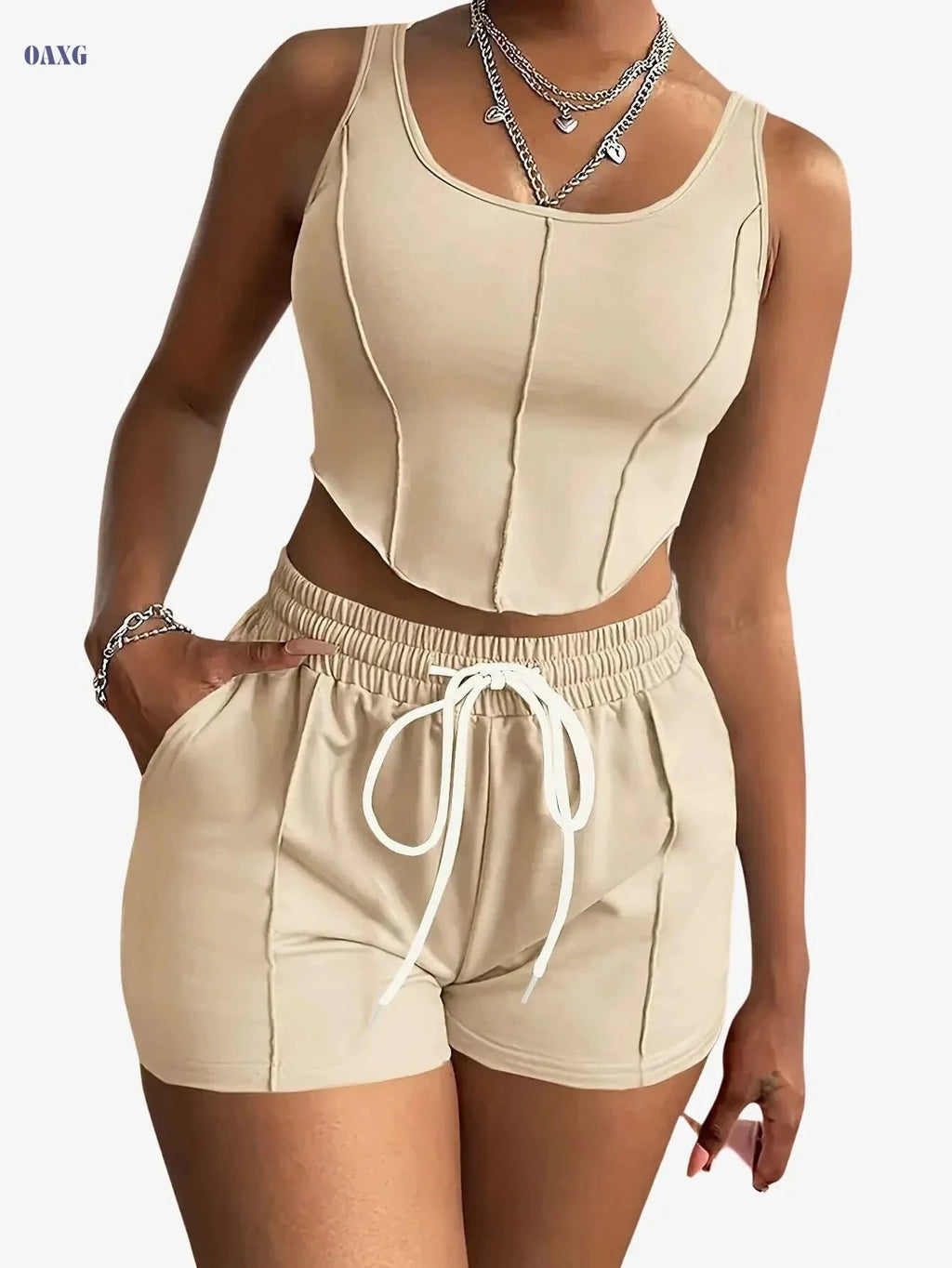 Women's Casual Sportswear Set - Sleeveless Top & Drawstring Shorts   OAXG 