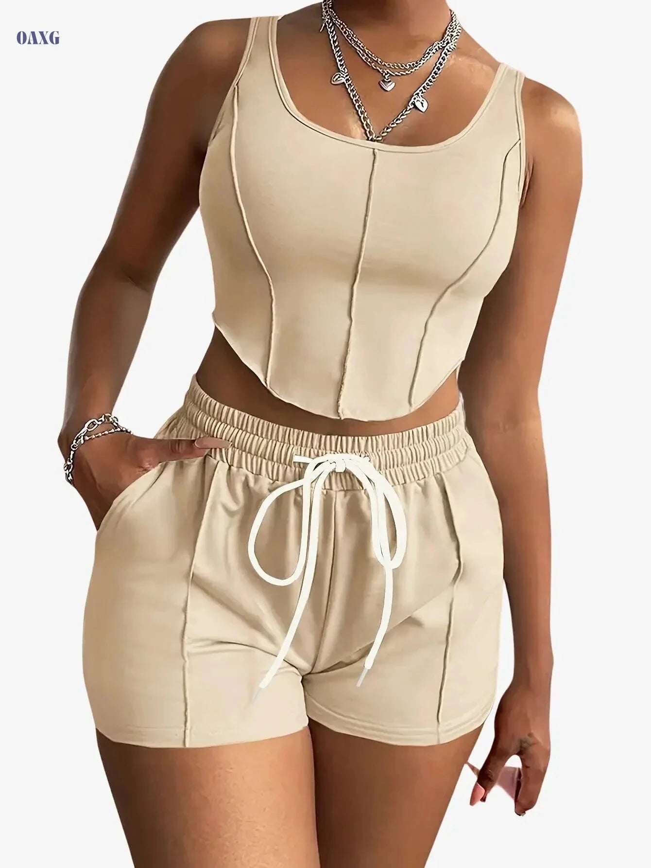 Women's Casual Sportswear Set - Sleeveless Top & Drawstring Shorts   OAXG 