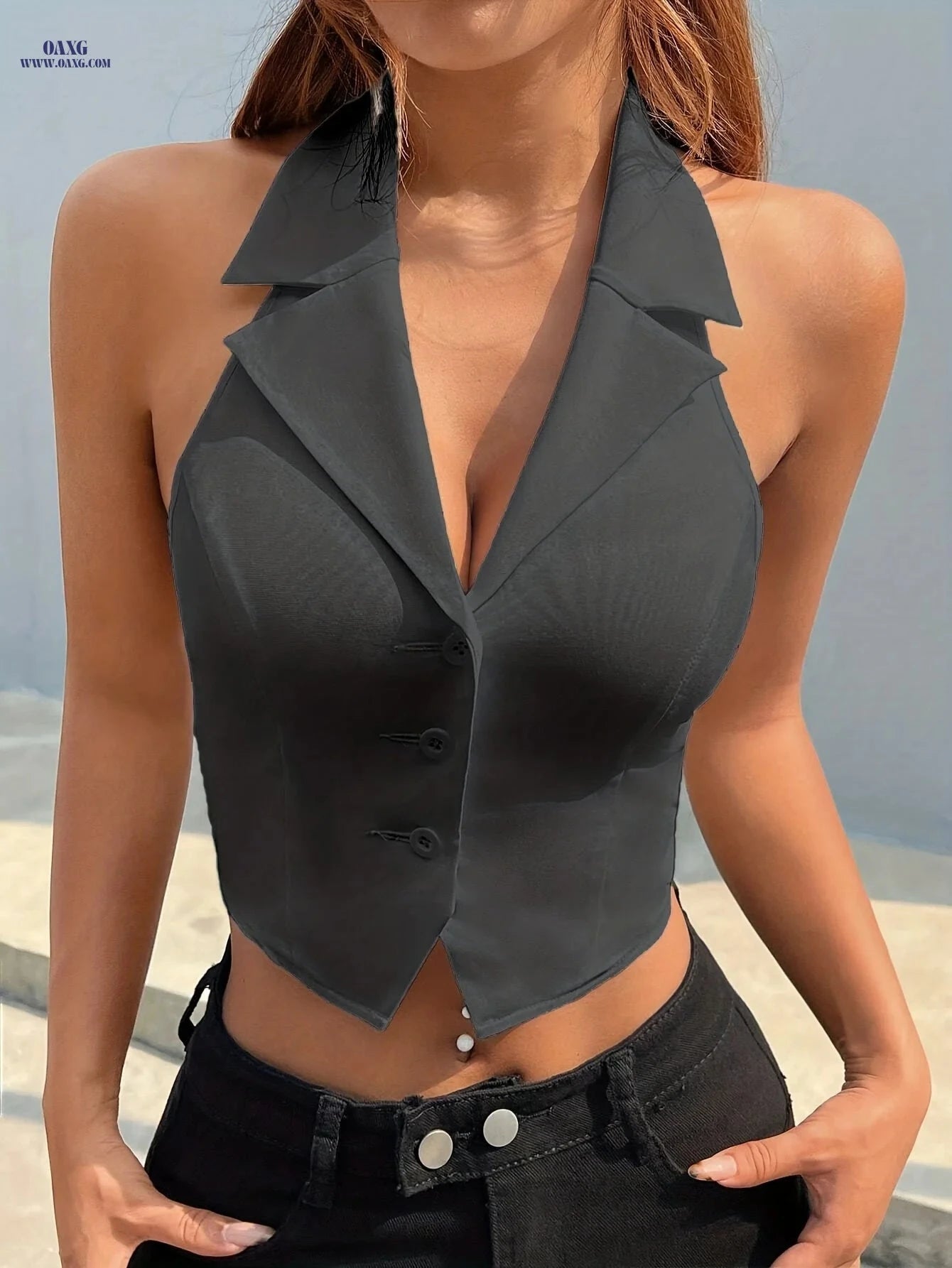 Women's Casual Spring Jacket - Sleeveless Chic Top with Open Back   OAXG 