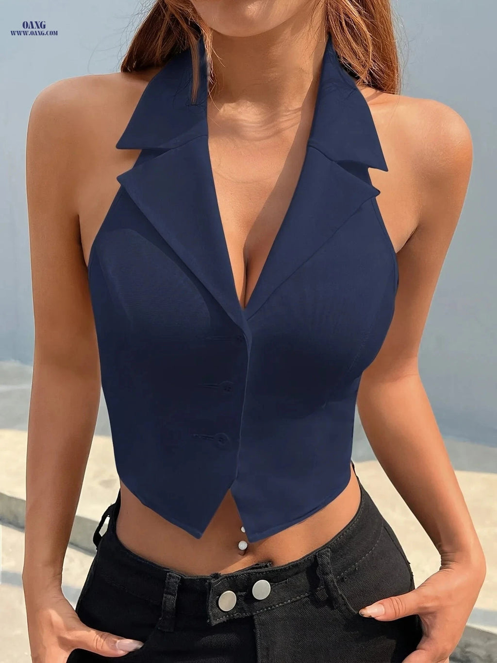 Women's Casual Spring Jacket - Sleeveless Chic Top with Open Back   OAXG Navy Color / XS