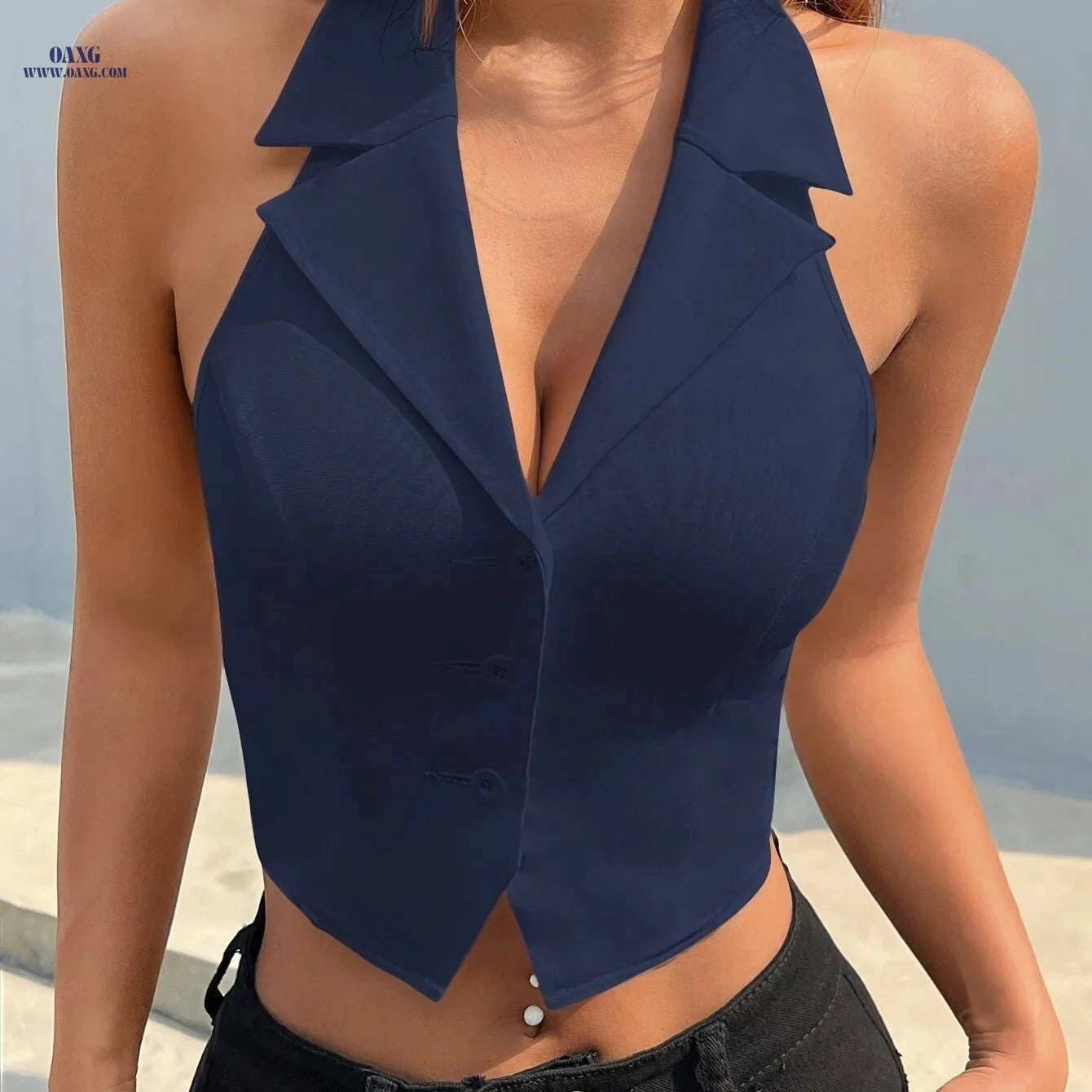 Women's Casual Spring Jacket - Sleeveless Chic Top with Open Back   OAXG Navy Color / XS