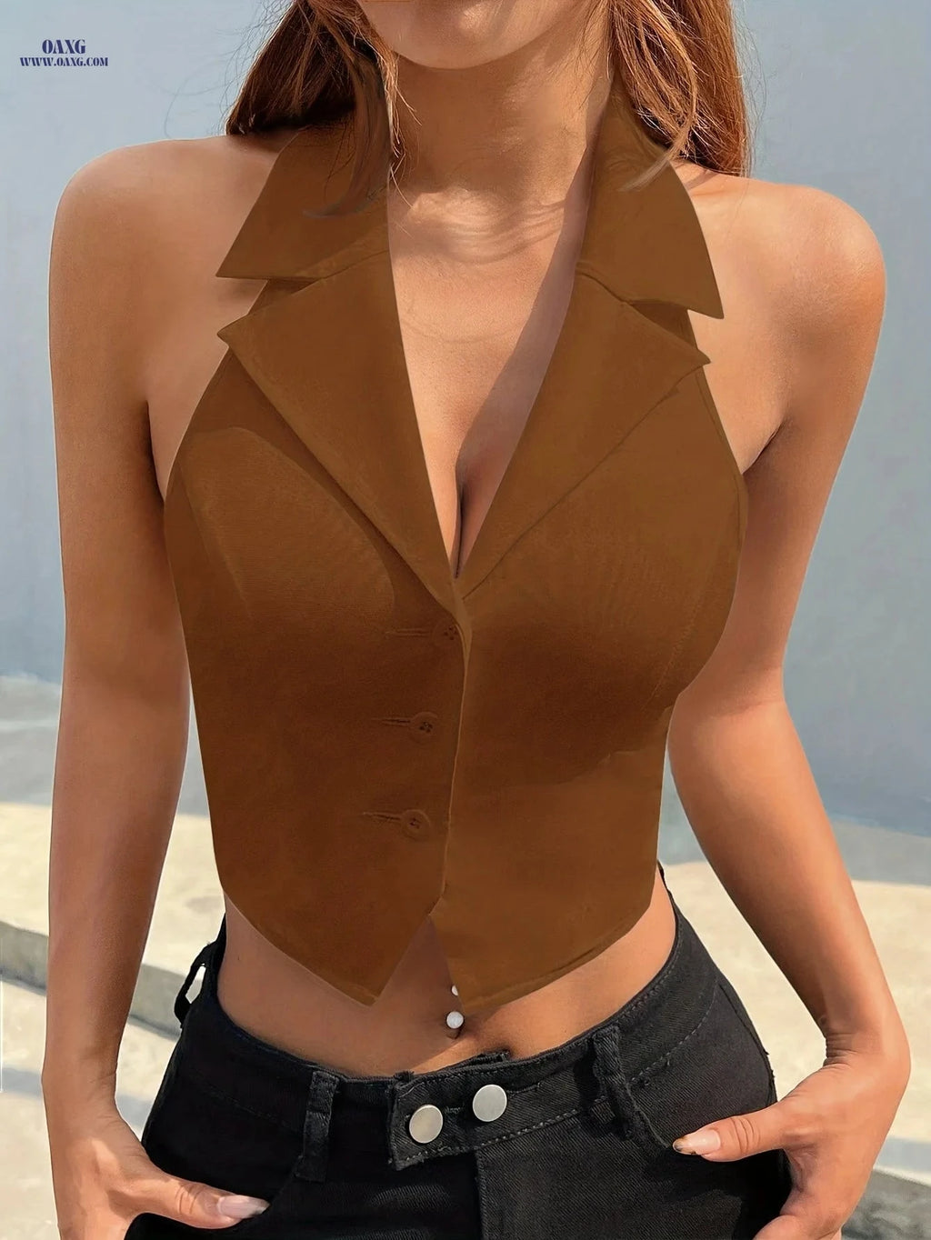 Women's Casual Spring Jacket - Sleeveless Chic Top with Open Back   OAXG Navy Color / XS