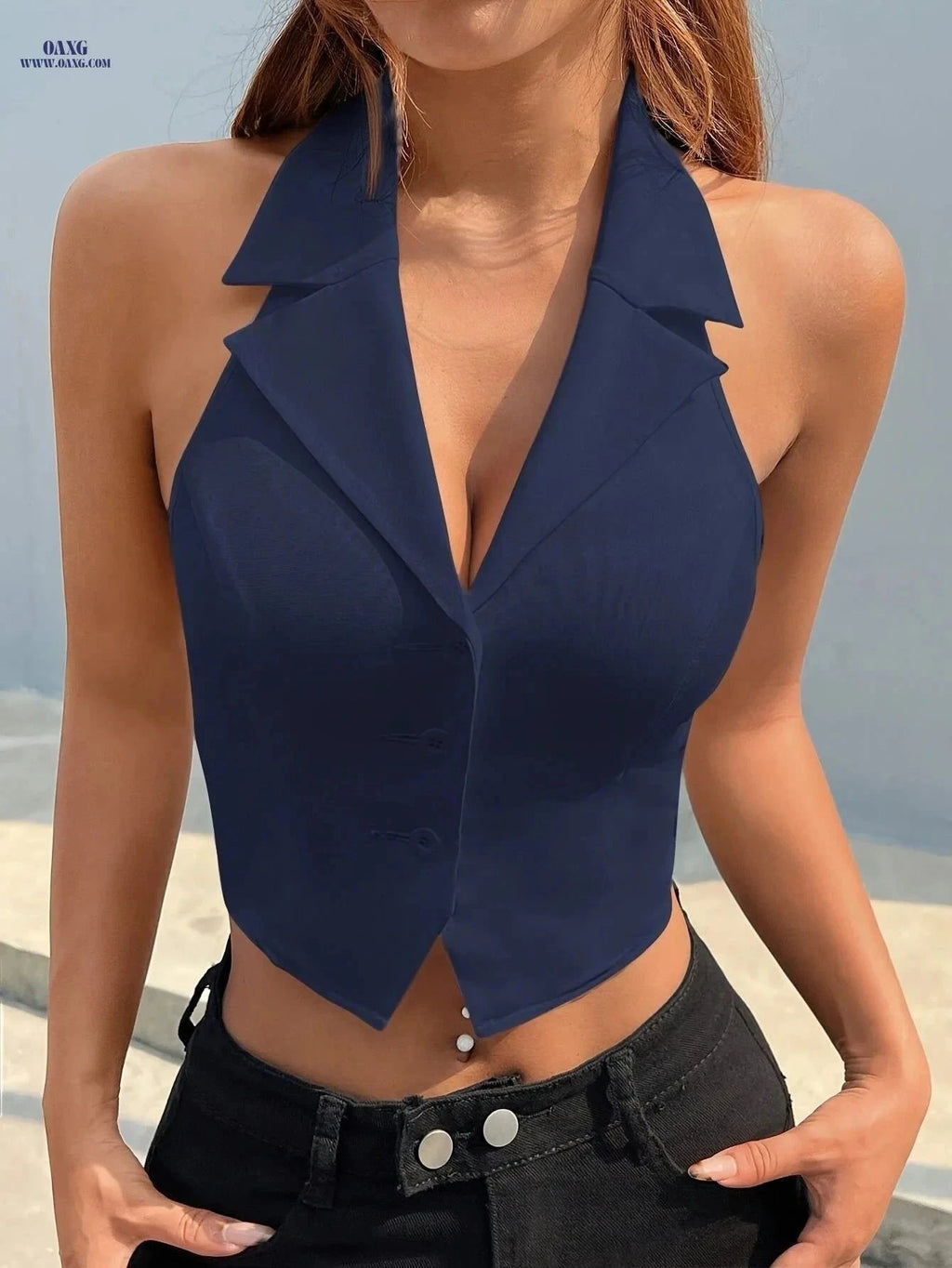 Women's Casual Spring Jacket - Sleeveless Chic Top with Open Back   OAXG Navy Color / XS