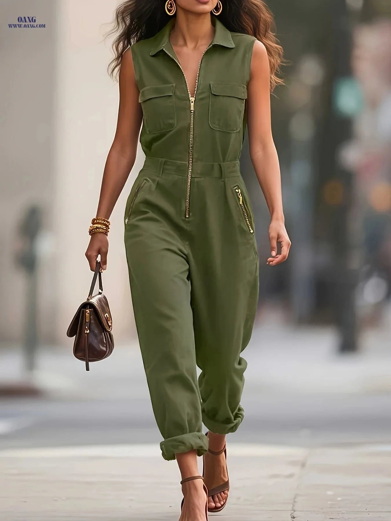 Women's Casual Spring/Summer Jumpsuit - Metal Zipper Workwear Style   OAXG White / XS