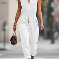 Women's Casual Spring/Summer Jumpsuit - Metal Zipper Workwear Style   OAXG White / XS