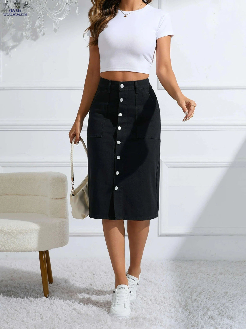 Women's Casual Straight-Cut Skirt - Button-Front, Machine Washable   OAXG 