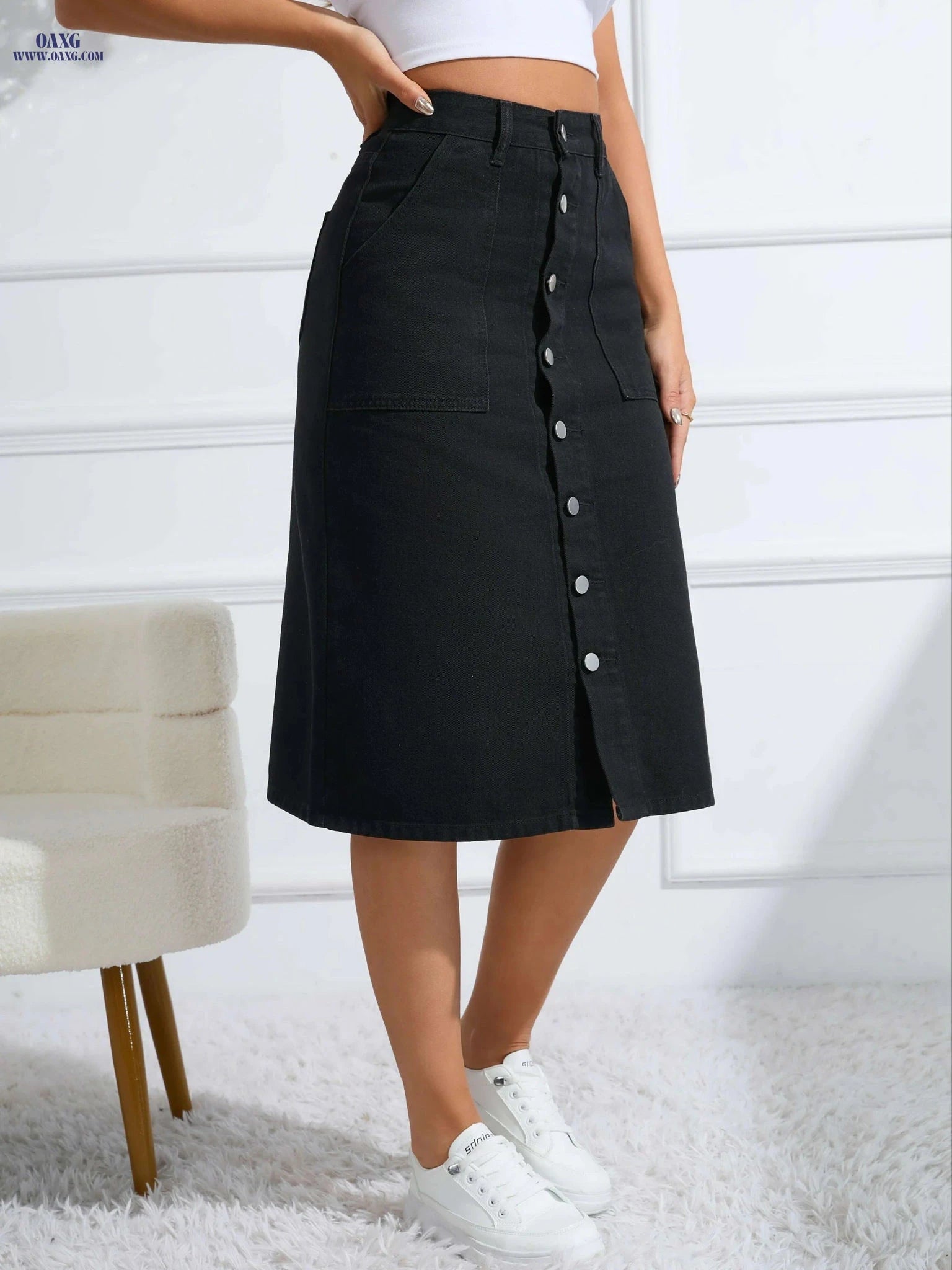 Women's Casual Straight-Cut Skirt - Button-Front, Machine Washable   OAXG Black / S