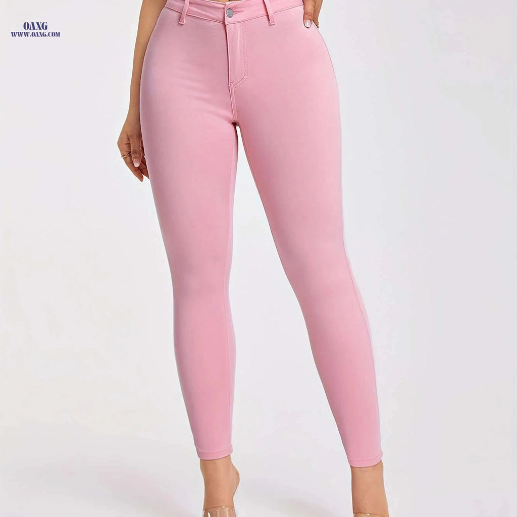 Women's Casual Stretch Long Pants - Standard Fit for Spring/Summer   OAXG Pink Color / XS