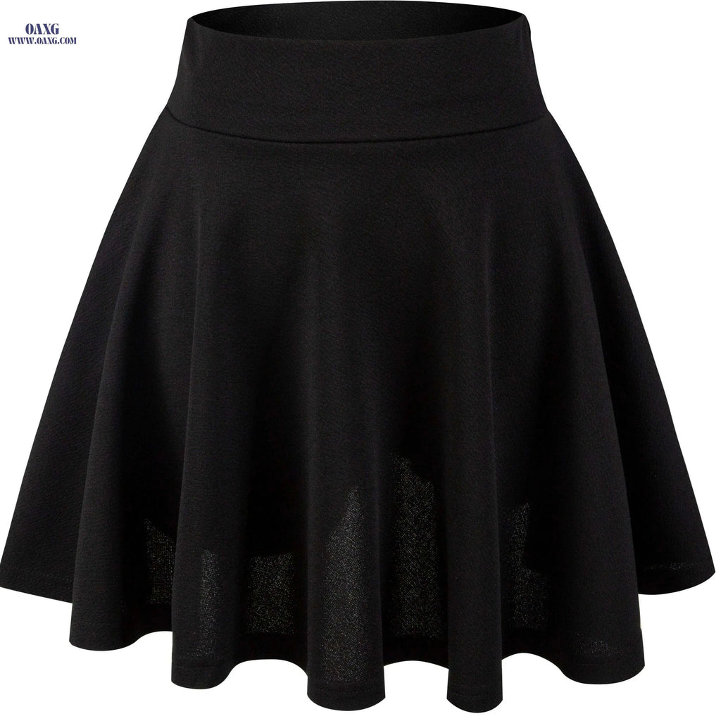 Women's Casual Stretchy Flared Mini Skater Skirt - Solid Black A-Line   OAXG Black / XS
