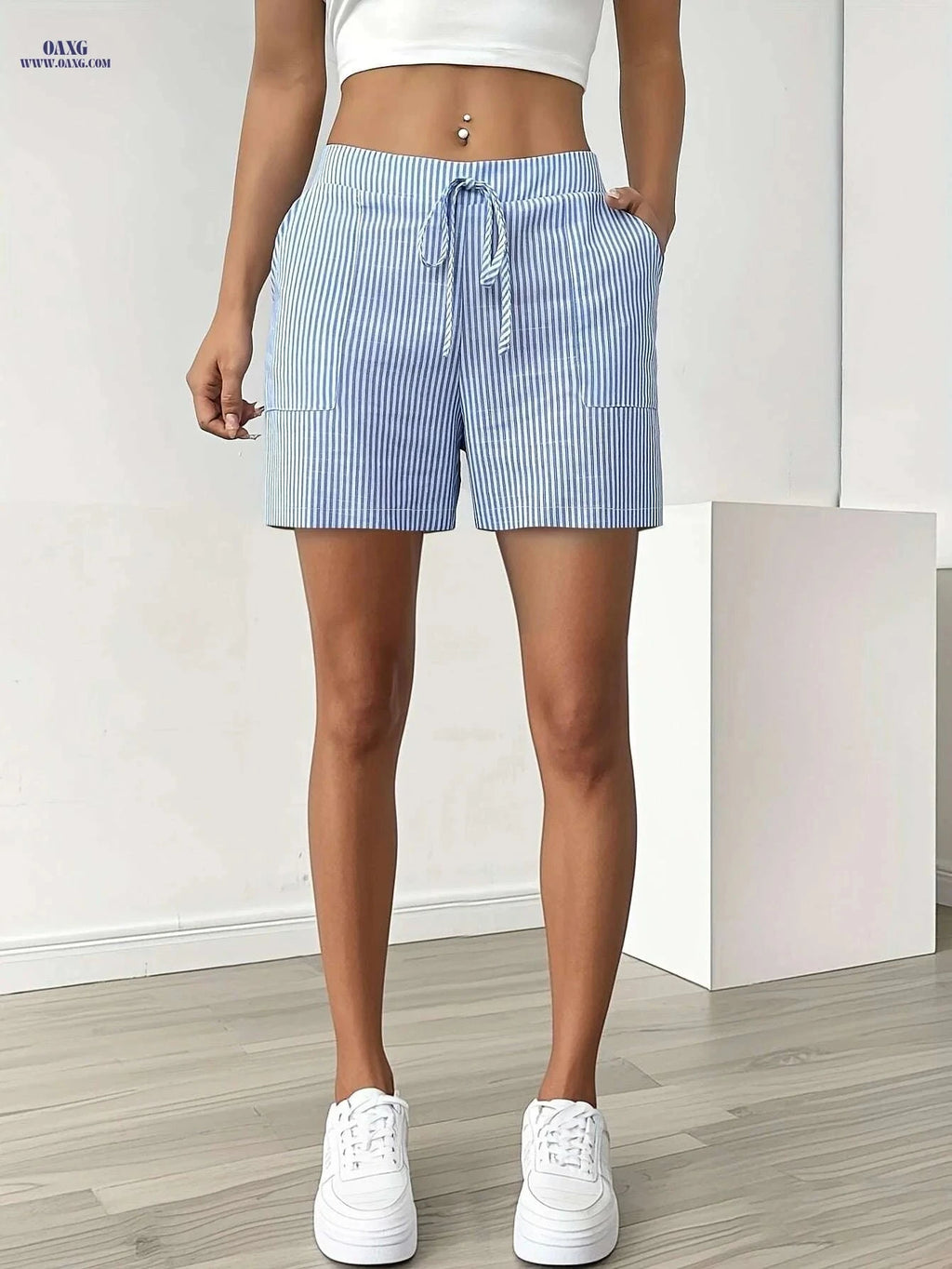 Women’s Casual Striped Shorts - Drawstring Waist for Summer Fun   OAXG 