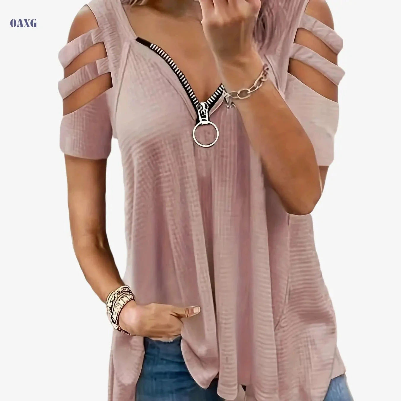 Women's Casual Summer V-Neck T-Shirt - High Elasticity, Zipper Detail   OAXG 
