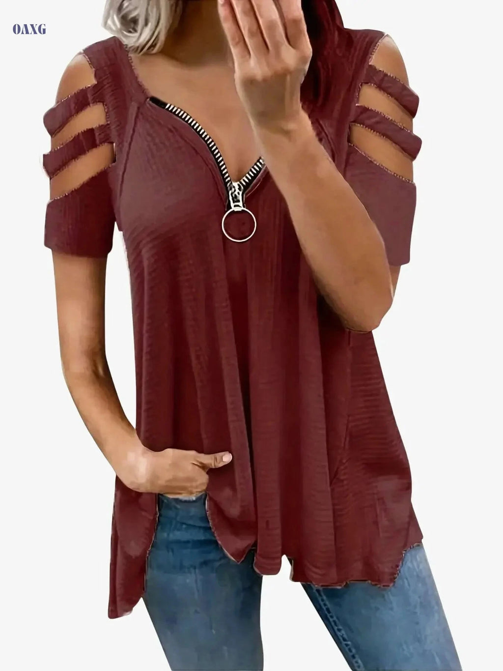 Women's Casual Summer V-Neck T-Shirt - High Elasticity, Zipper Detail   OAXG Pink Red Color / S