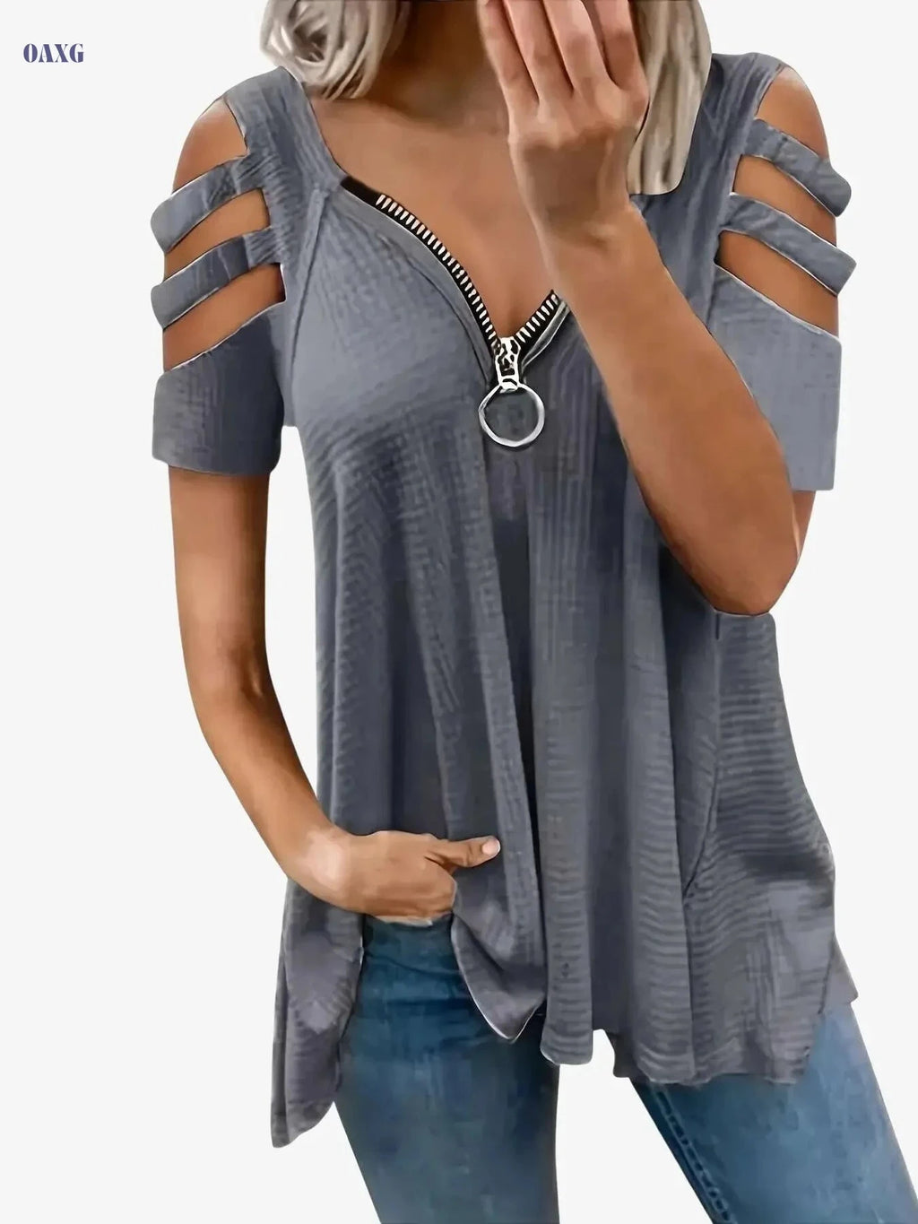 Women's Casual Summer V-Neck T-Shirt - High Elasticity, Zipper Detail   OAXG Pink Red Color / S