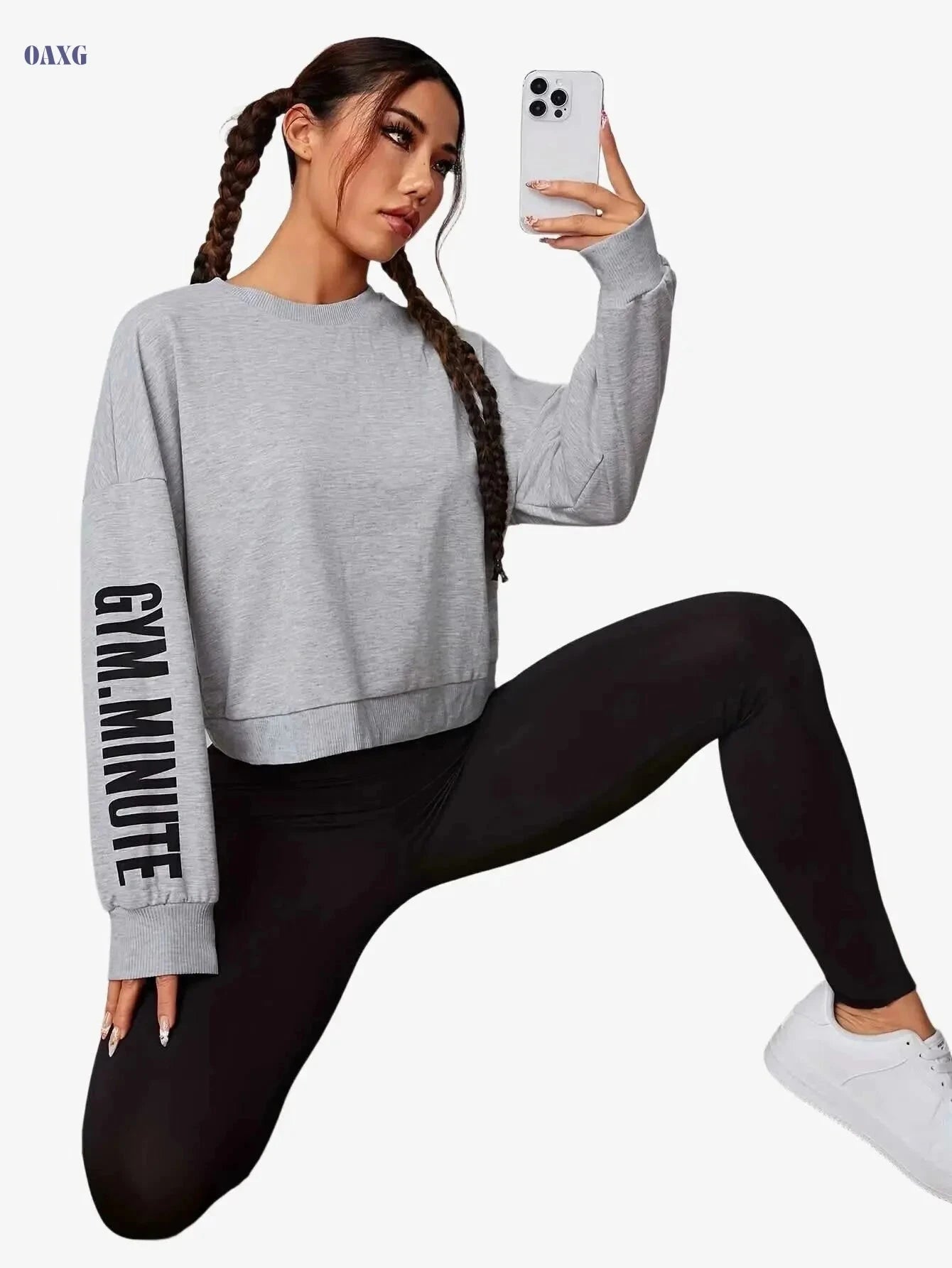 Women's Casual Sweatshirt - Long Sleeve, Letter Print Style   OAXG Light Grey / S
