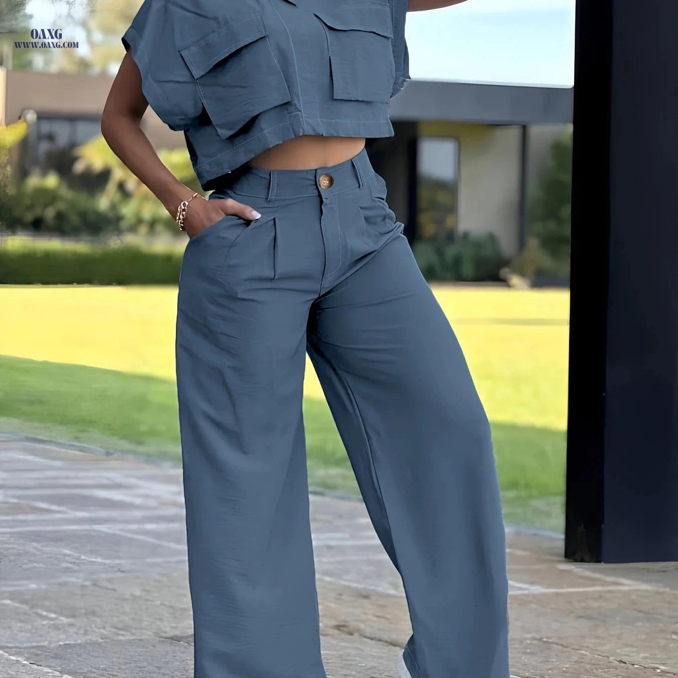Women's Casual Two-Piece Set - Short Sleeve Top & Long Pants   OAXG 