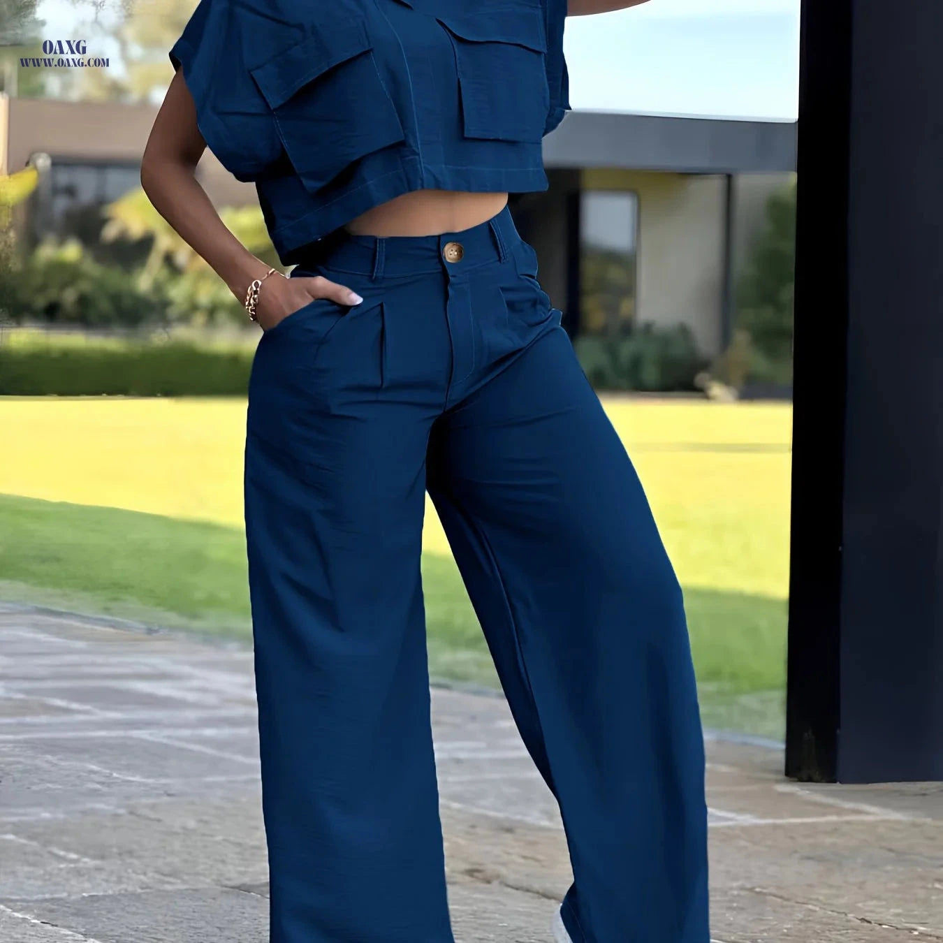Women's Casual Two-Piece Set - Short Sleeve Top & Long Pants   OAXG 