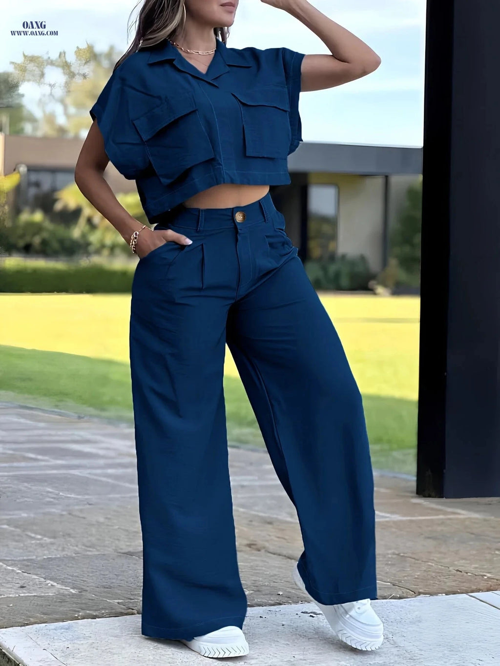 Women's Casual Two-Piece Set - Short Sleeve Top & Long Pants   OAXG 