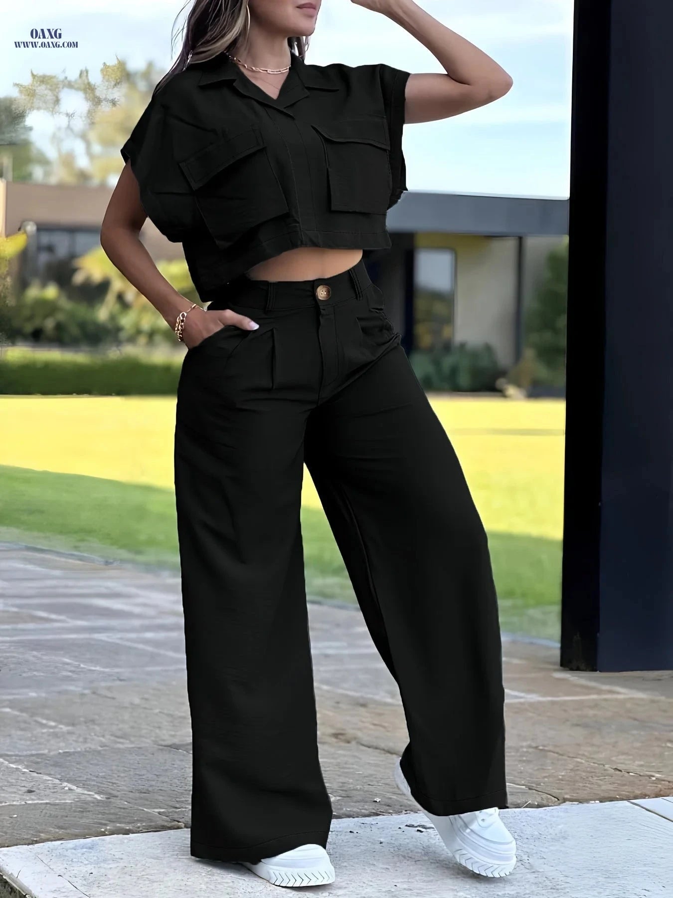 Women's Casual Two-Piece Set - Short Sleeve Top & Long Pants   OAXG 