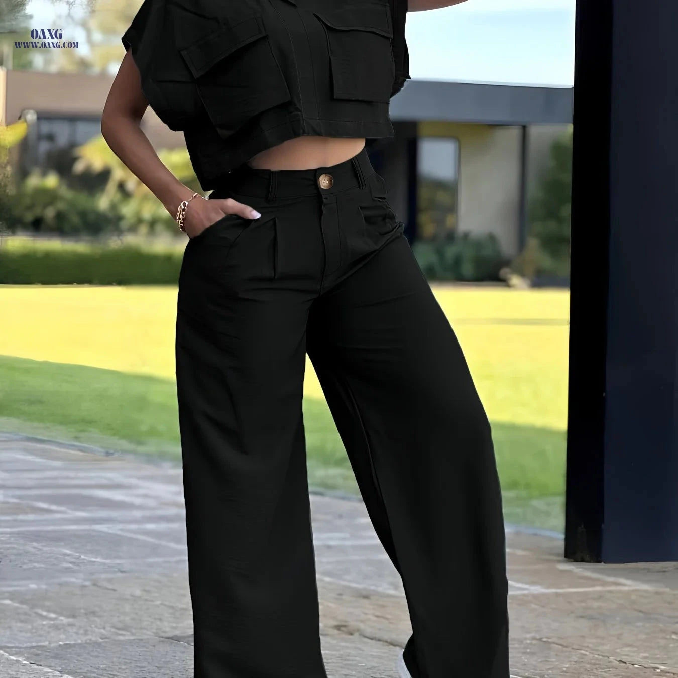 Women's Casual Two-Piece Set - Short Sleeve Top & Long Pants   OAXG Powder blue / S