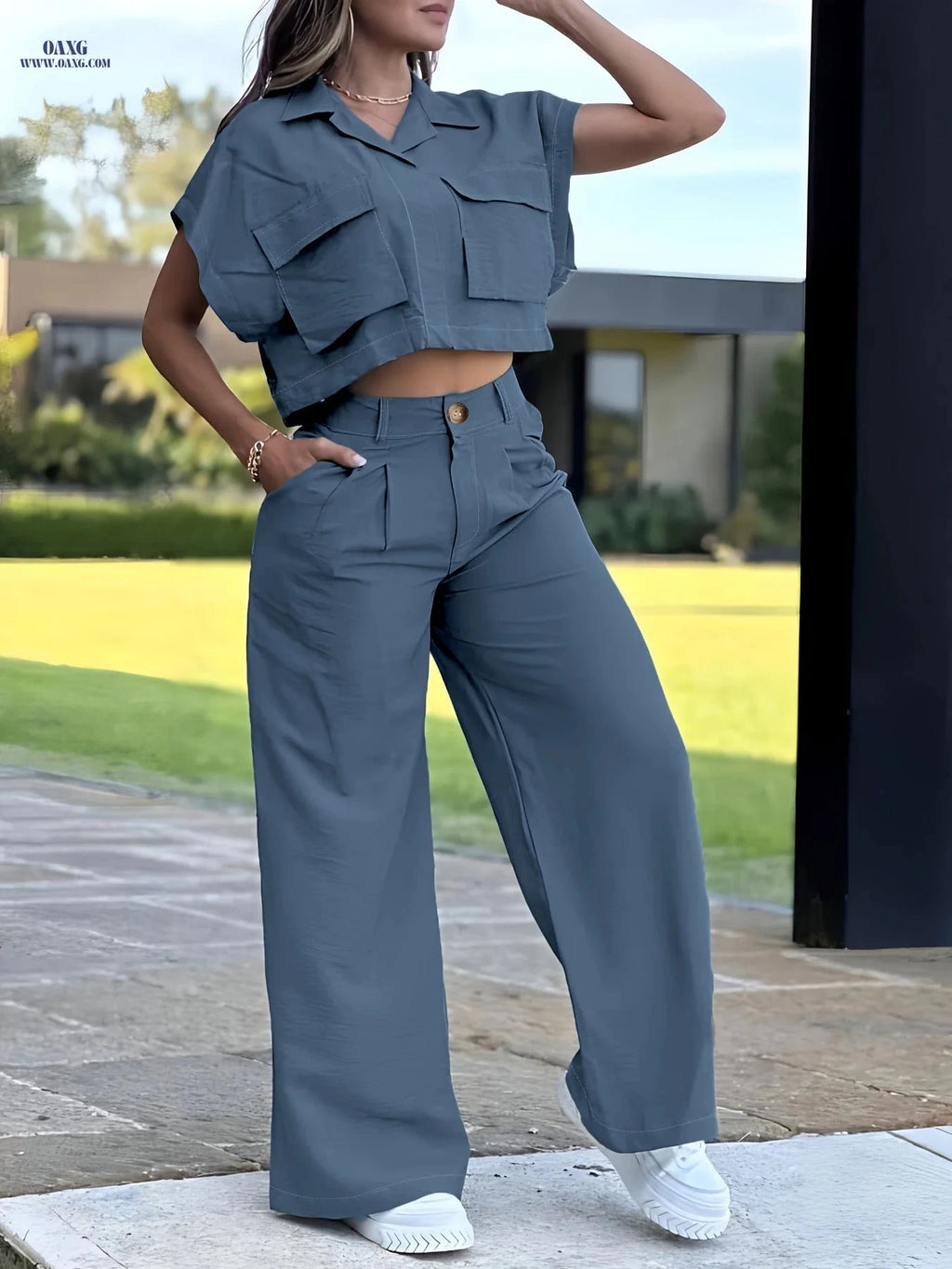 Women's Casual Two-Piece Set - Short Sleeve Top & Long Pants   OAXG Powder blue / S
