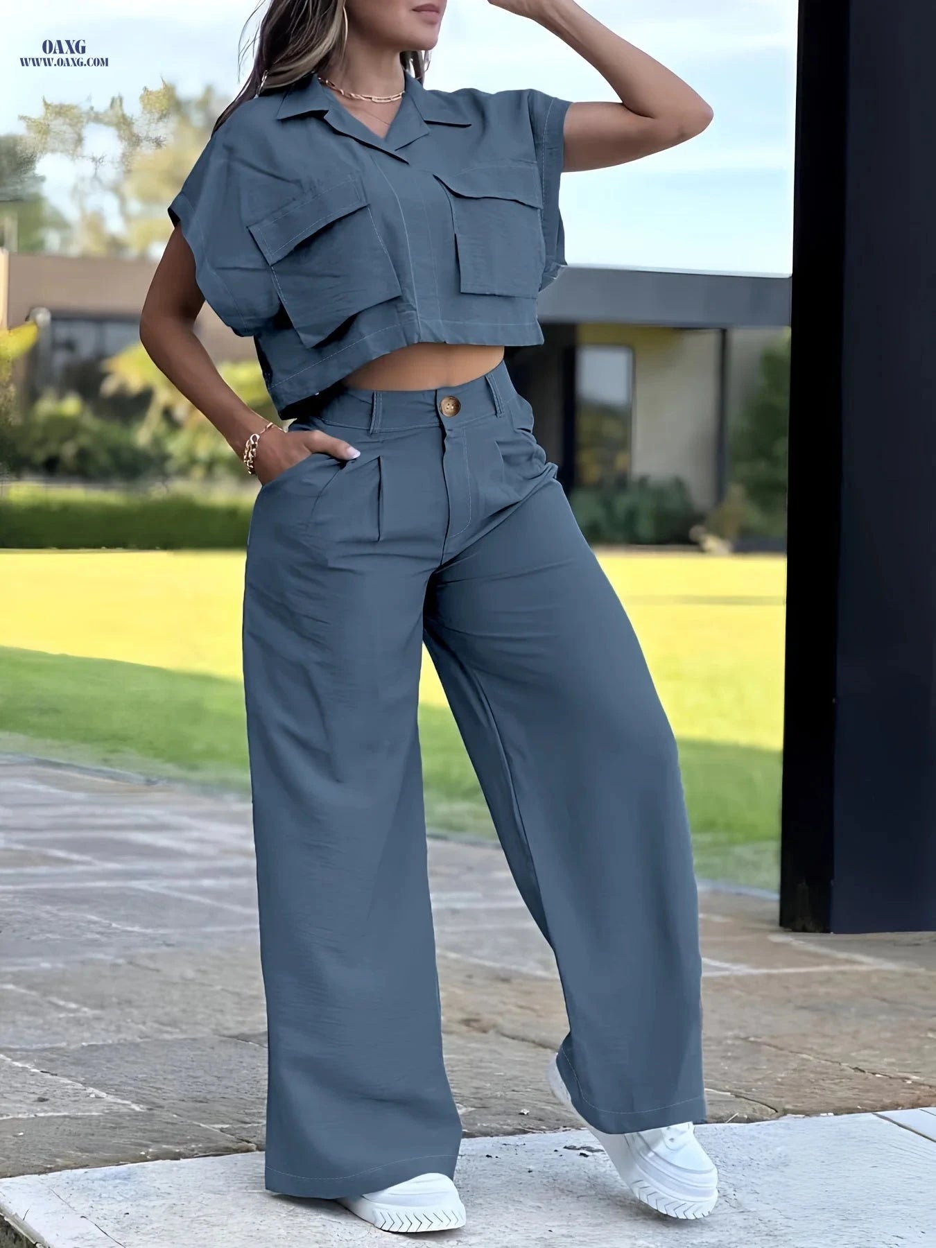 Women's Casual Two-Piece Set - Short Sleeve Top & Long Pants   OAXG Powder blue / S