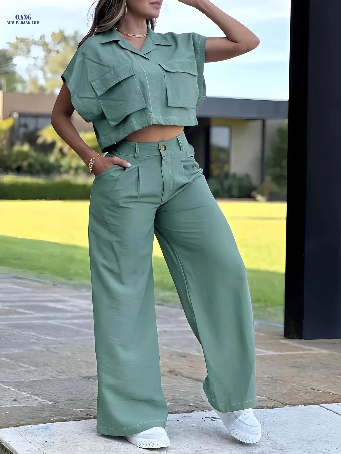 Women's Casual Two-Piece Set - Short Sleeve Top & Long Pants   OAXG Powder blue / S