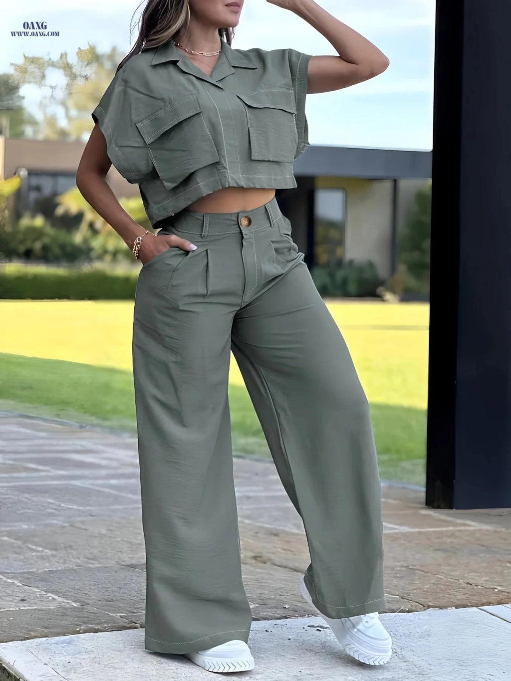 Women's Casual Two-Piece Set - Short Sleeve Top & Long Pants   OAXG Powder blue / S