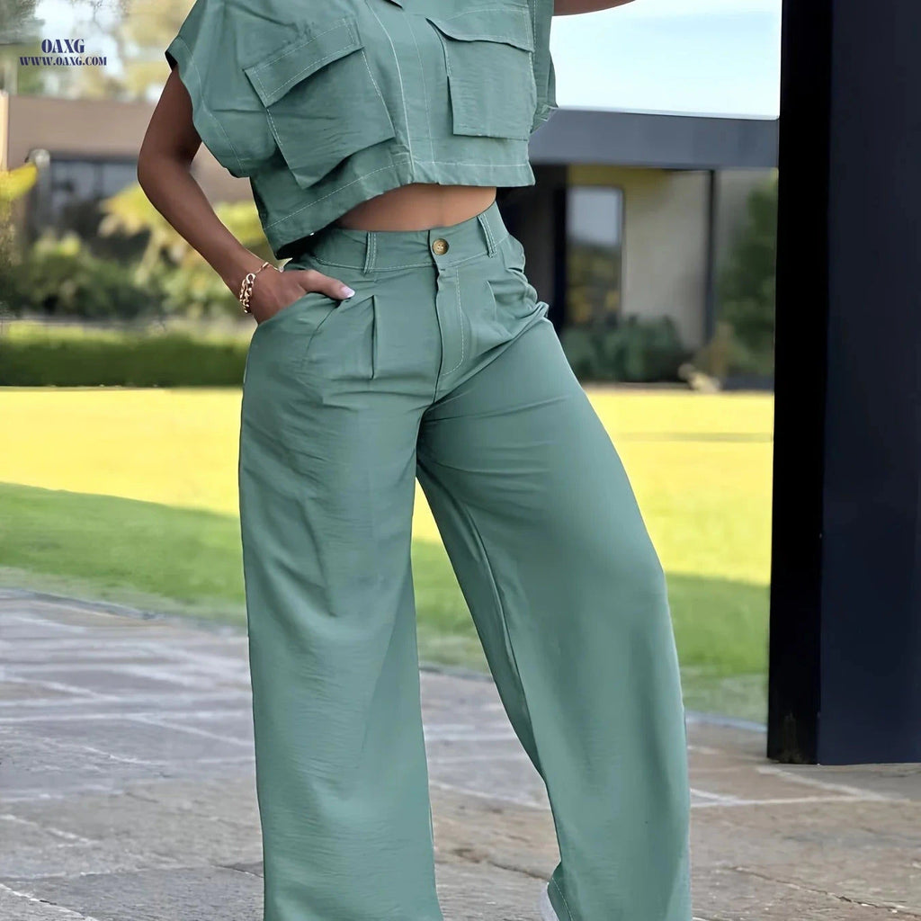 Women's Casual Two-Piece Set - Short Sleeve Top & Long Pants   OAXG Powder blue / S
