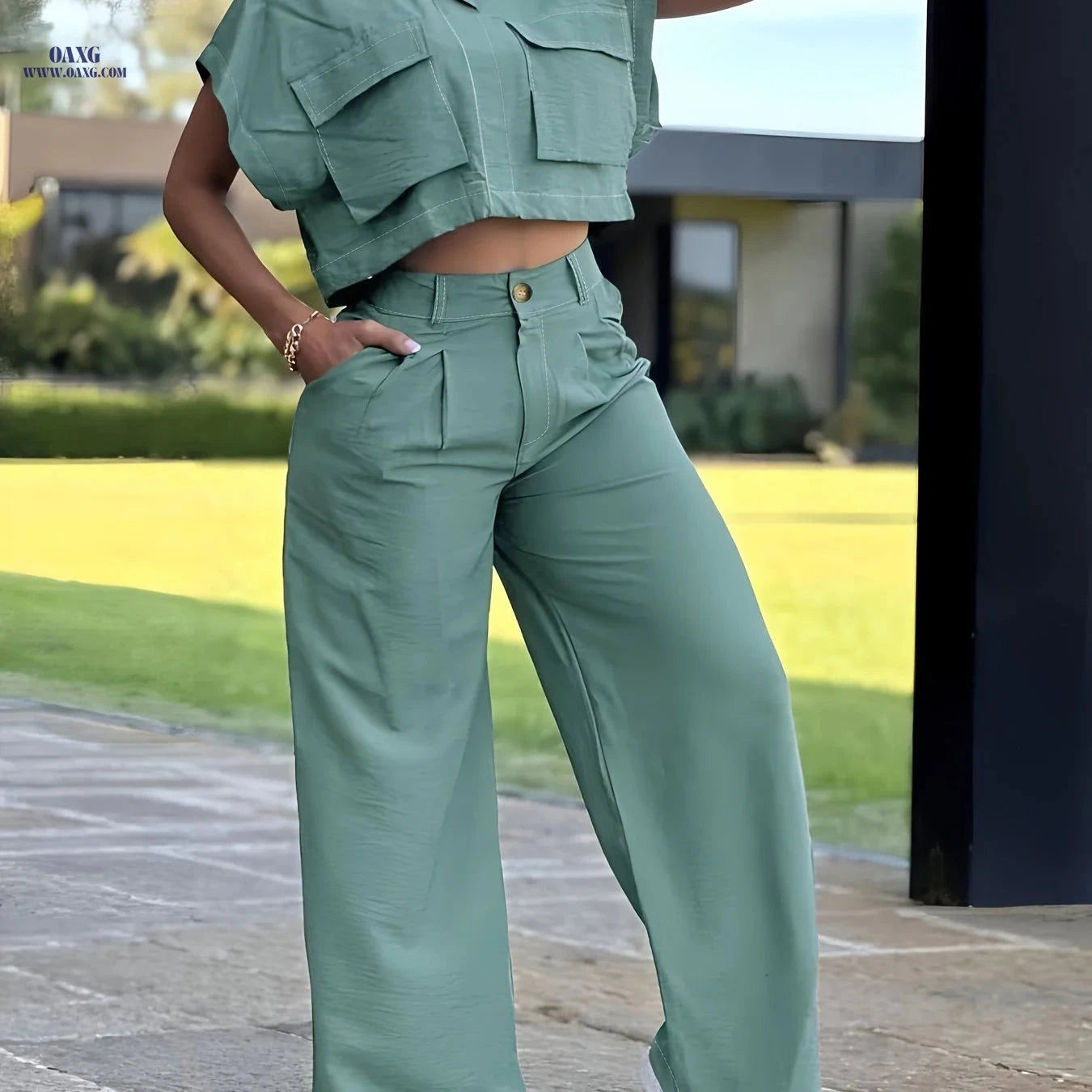 Women's Casual Two-Piece Set - Short Sleeve Top & Long Pants   OAXG Powder blue / S