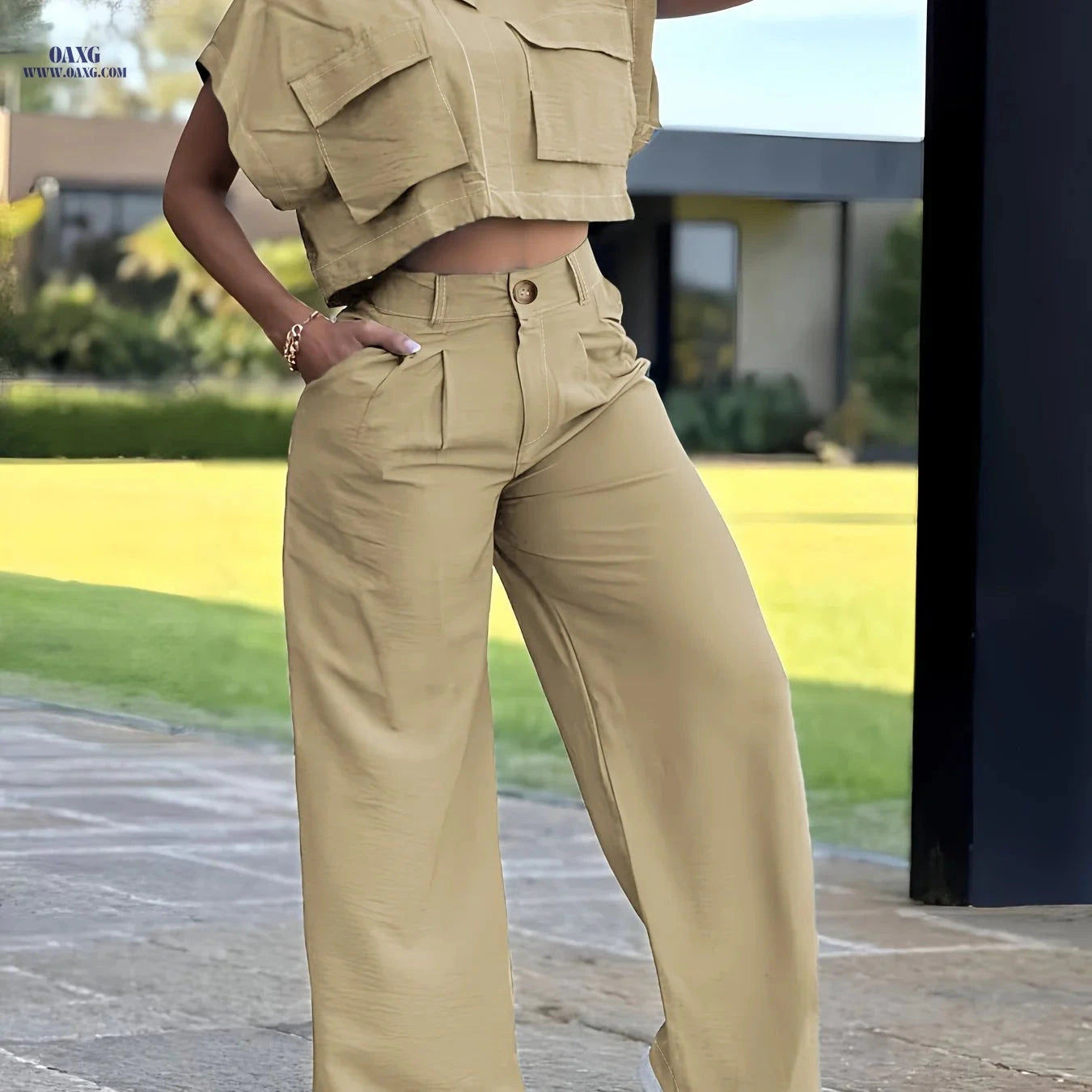 Women's Casual Two-Piece Set - Short Sleeve Top & Long Pants   OAXG 