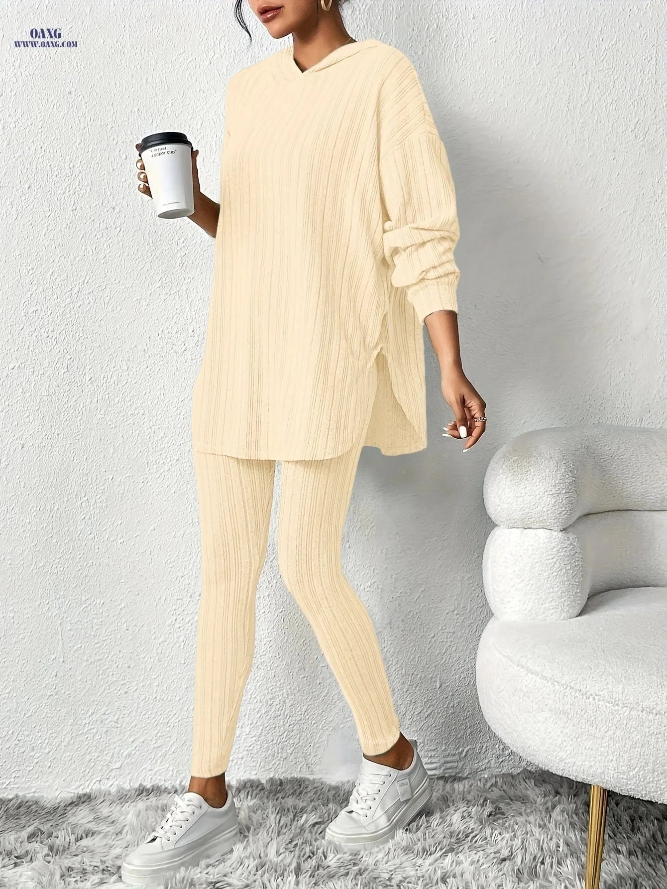 Women's Casual Two-Piece Suit - Solid Color, Hooded Design   OAXG 