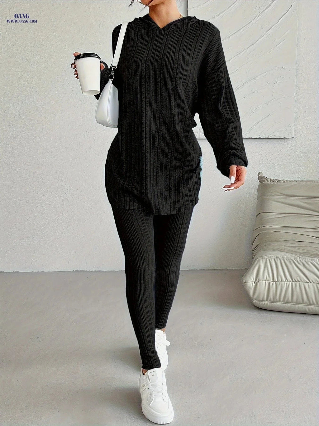 Women's Casual Two-Piece Suit - Solid Color, Hooded Design   OAXG Light Grey / S