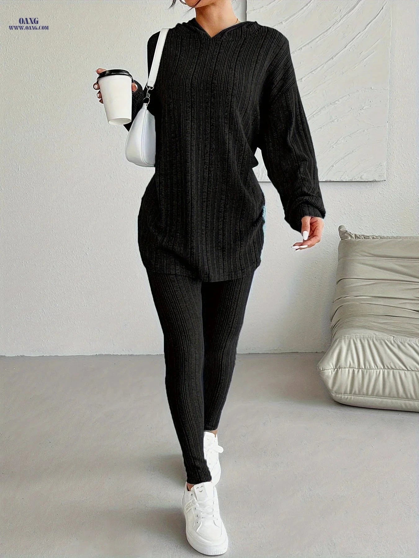 Women's Casual Two-Piece Suit - Solid Color, Hooded Design   OAXG Light Grey / S