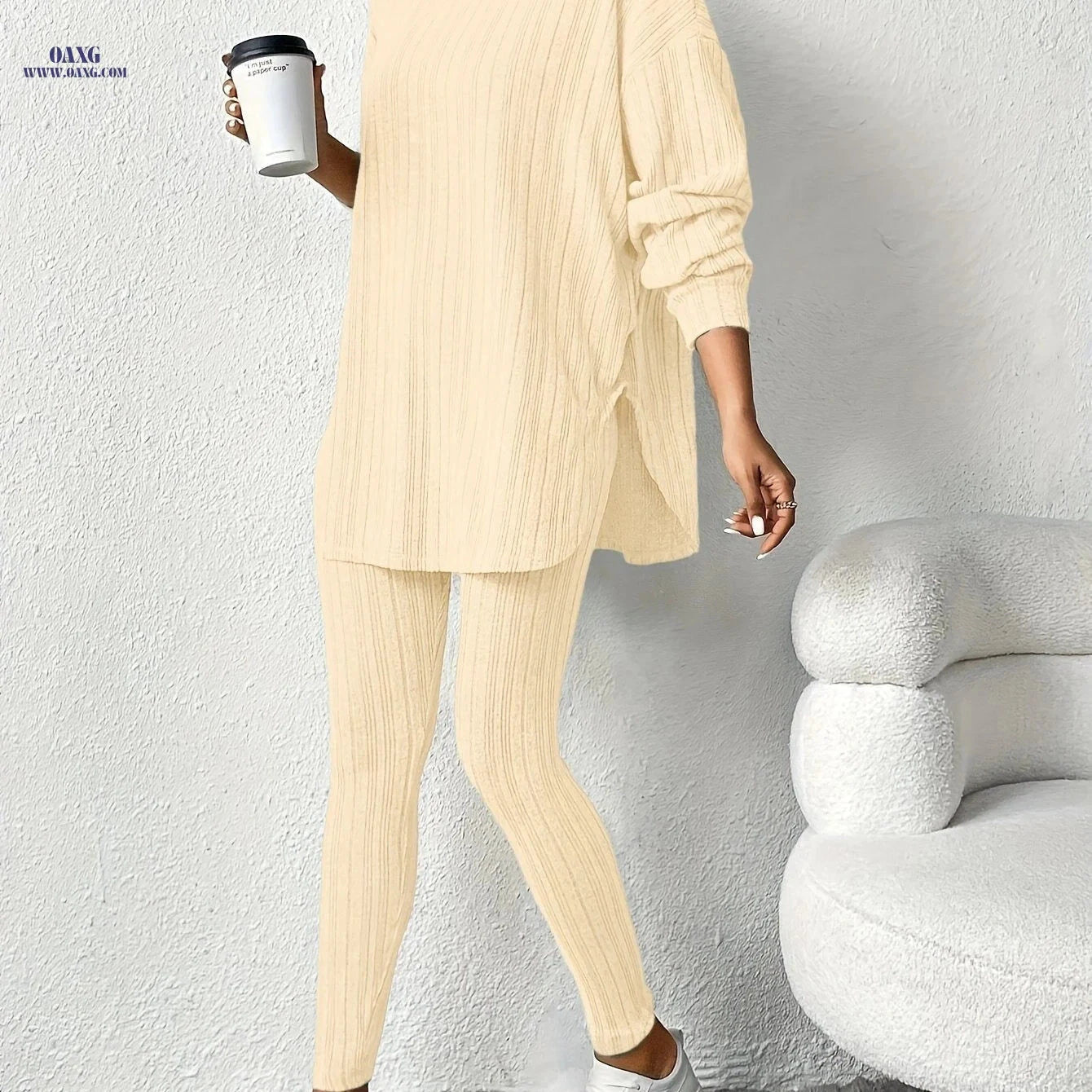 Women's Casual Two-Piece Suit - Solid Color, Hooded Design   OAXG Light Grey / S