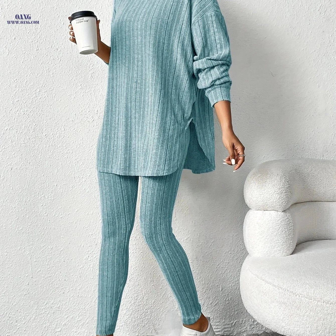 Women's Casual Two-Piece Suit - Solid Color, Hooded Design   OAXG Light Grey / S