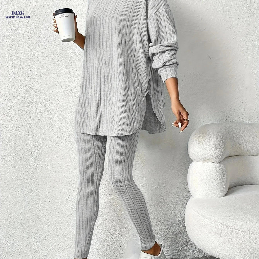 Women's Casual Two-Piece Suit - Solid Color, Hooded Design   OAXG 