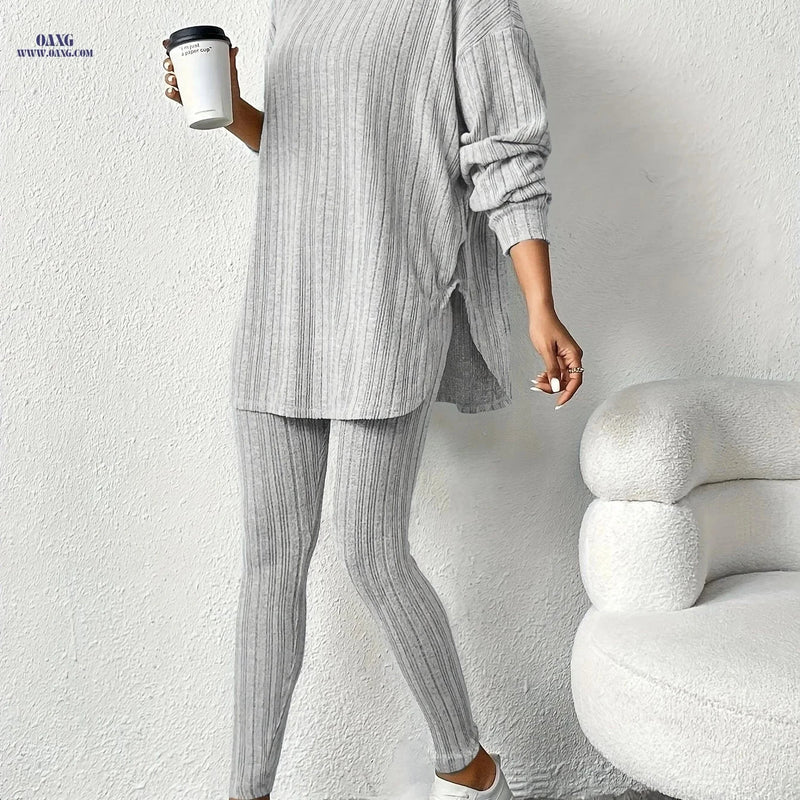 Women's Casual Two-Piece Suit - Solid Color, Hooded Design   OAXG 