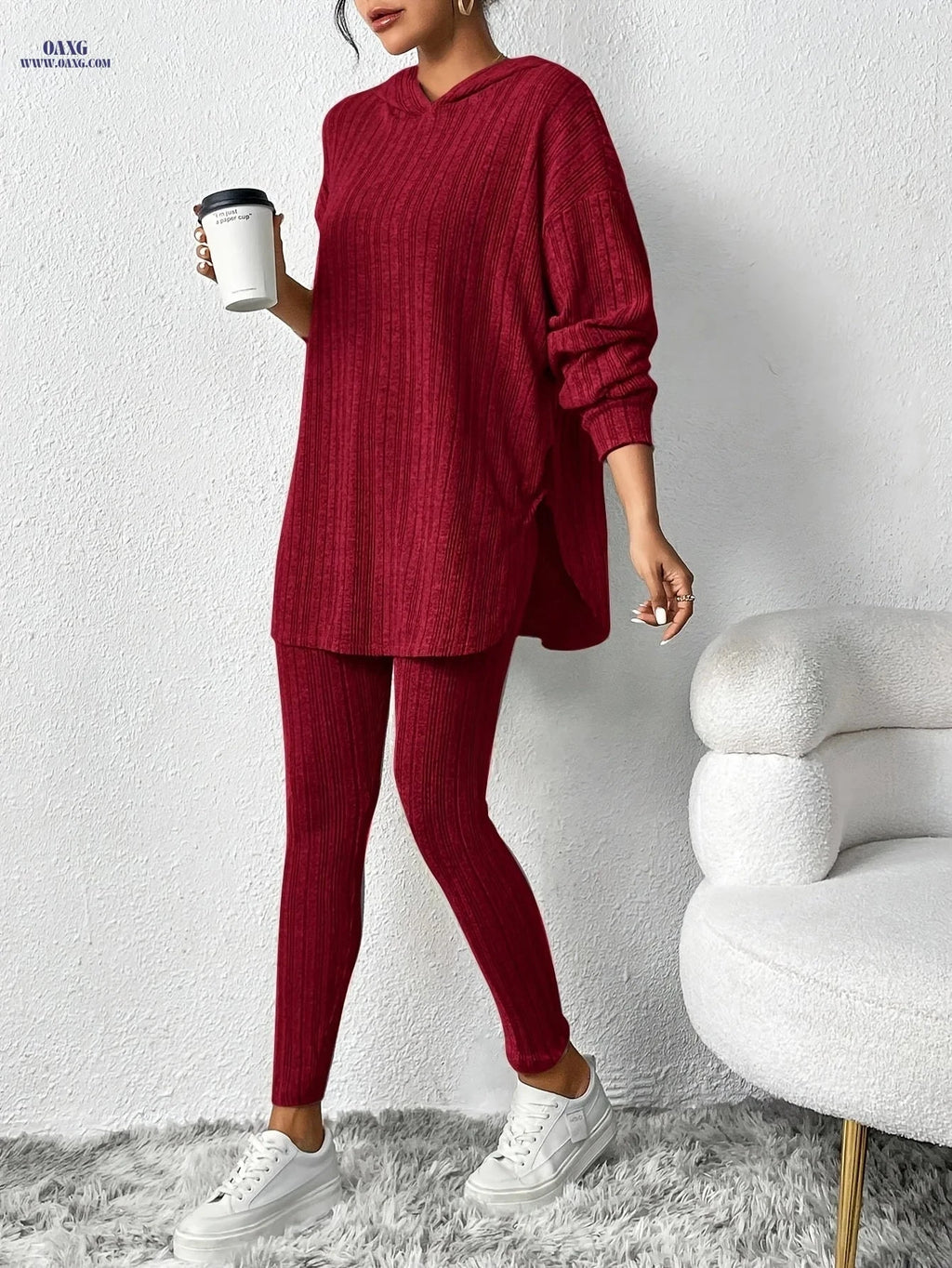 Women's Casual Two-Piece Suit - Solid Color, Hooded Design   OAXG 