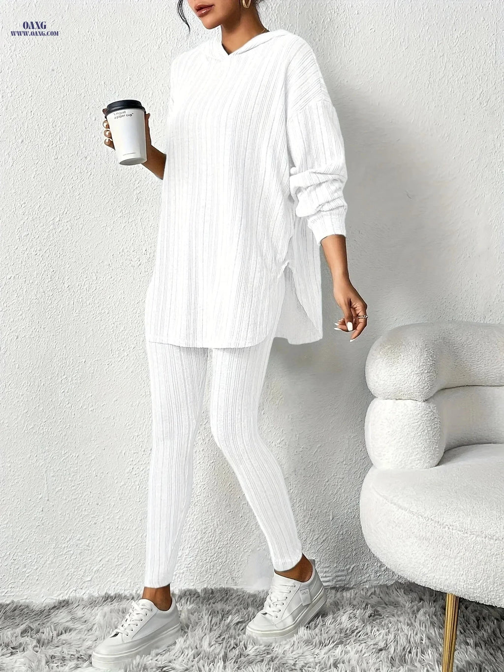Women's Casual Two-Piece Suit - Solid Color, Hooded Design   OAXG 