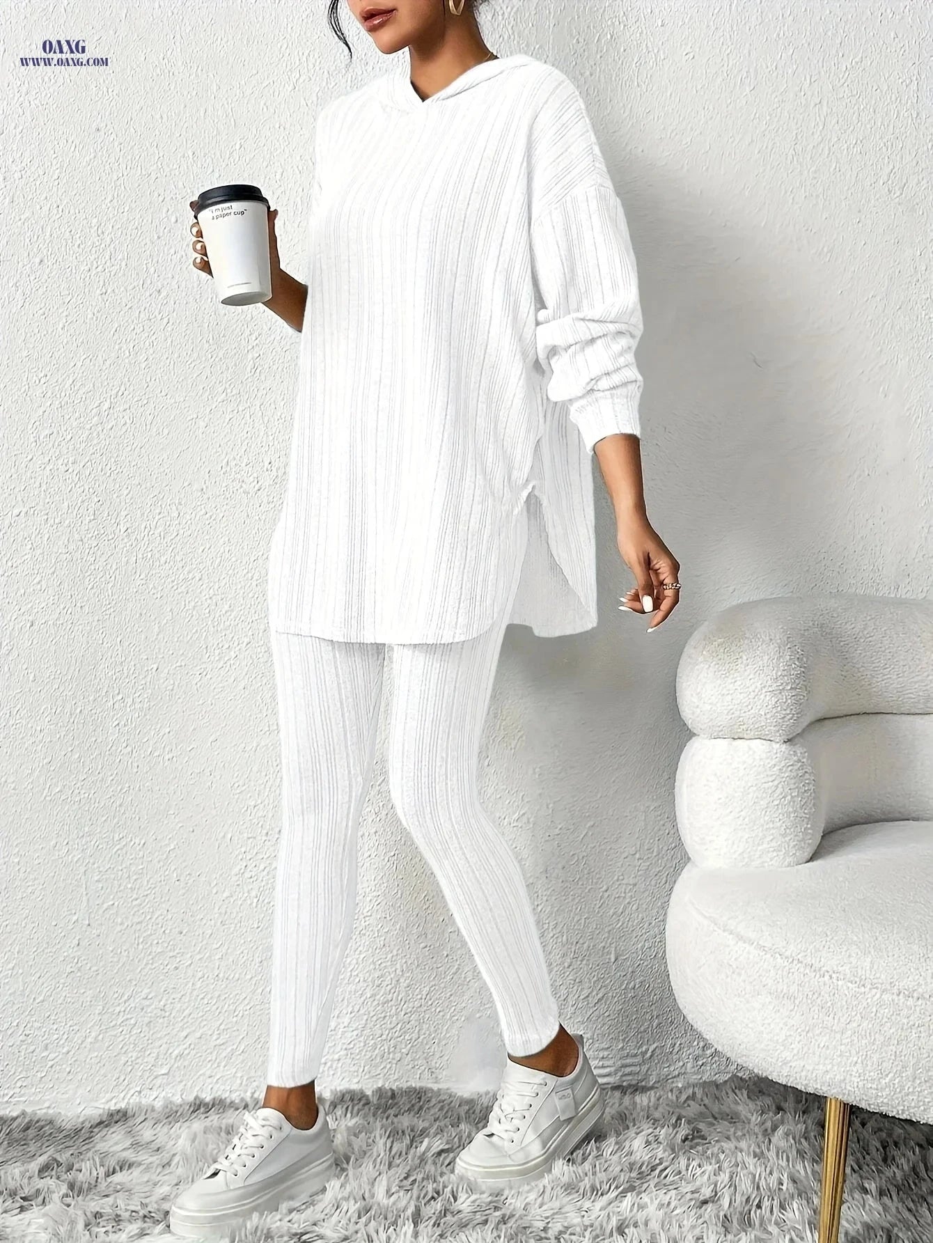 Women's Casual Two-Piece Suit - Solid Color, Hooded Design   OAXG 