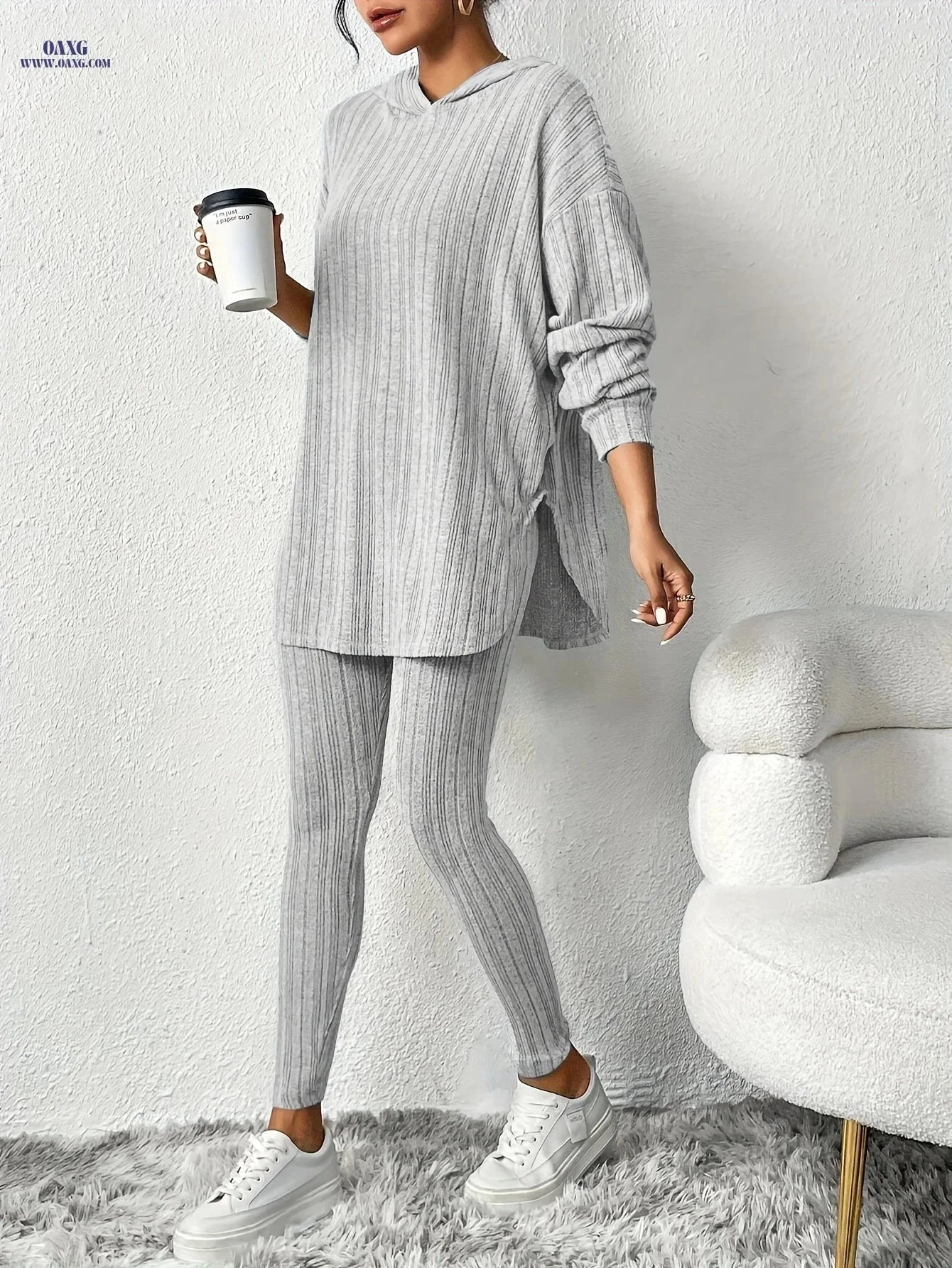 Women's Casual Two-Piece Suit - Solid Color, Hooded Design   OAXG 