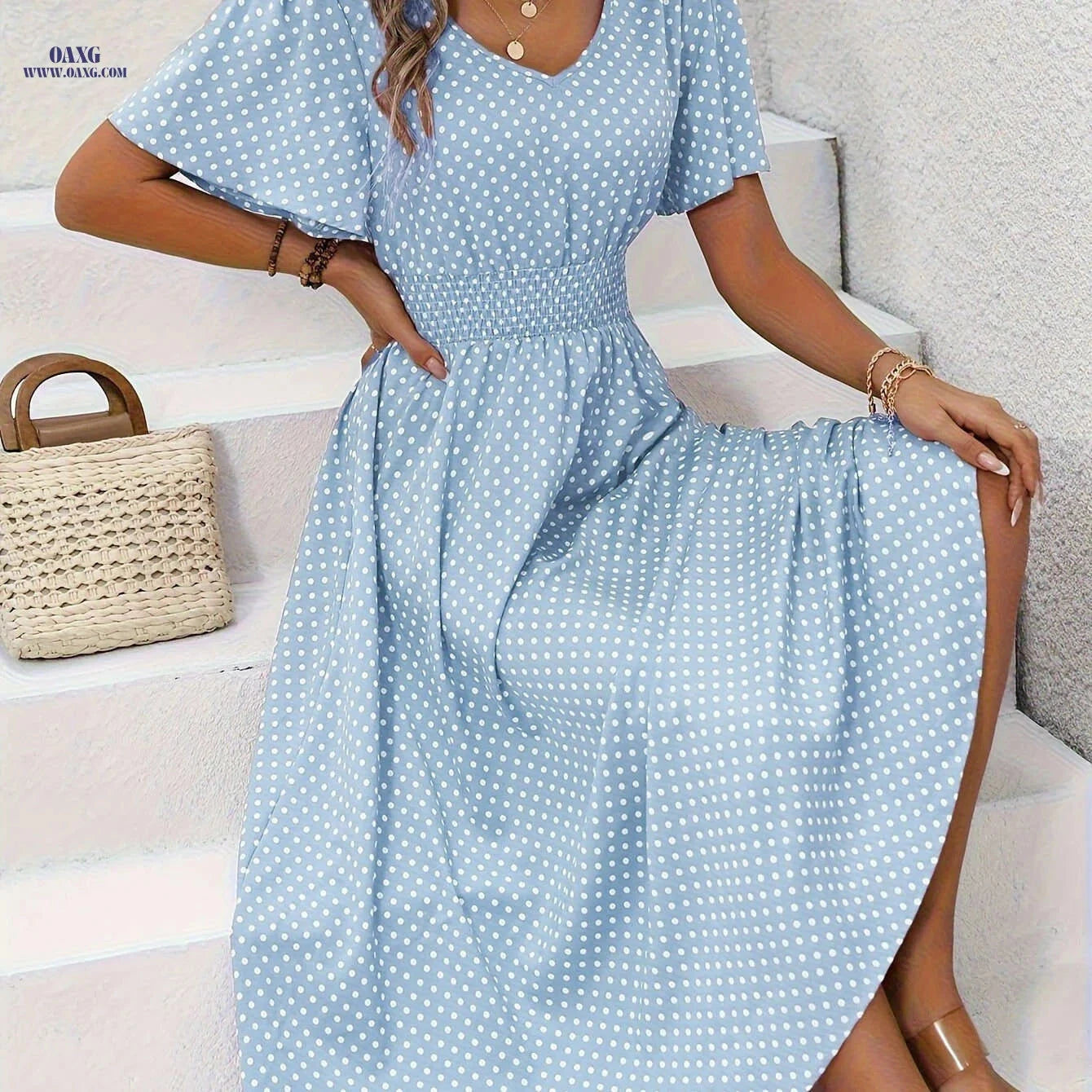 Women's Casual V-Neck Dress - 100% Polyester, Polka Dot Print   OAXG 