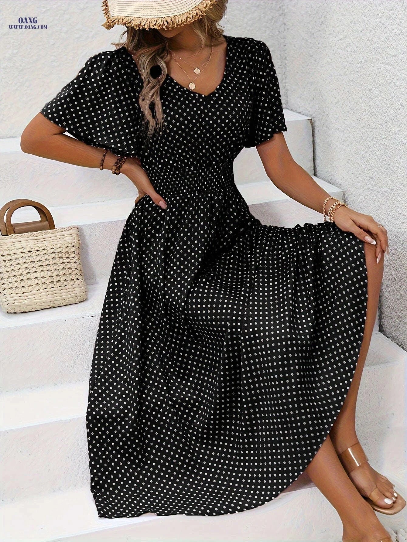 Women's Casual V-Neck Dress - 100% Polyester, Polka Dot Print   OAXG 