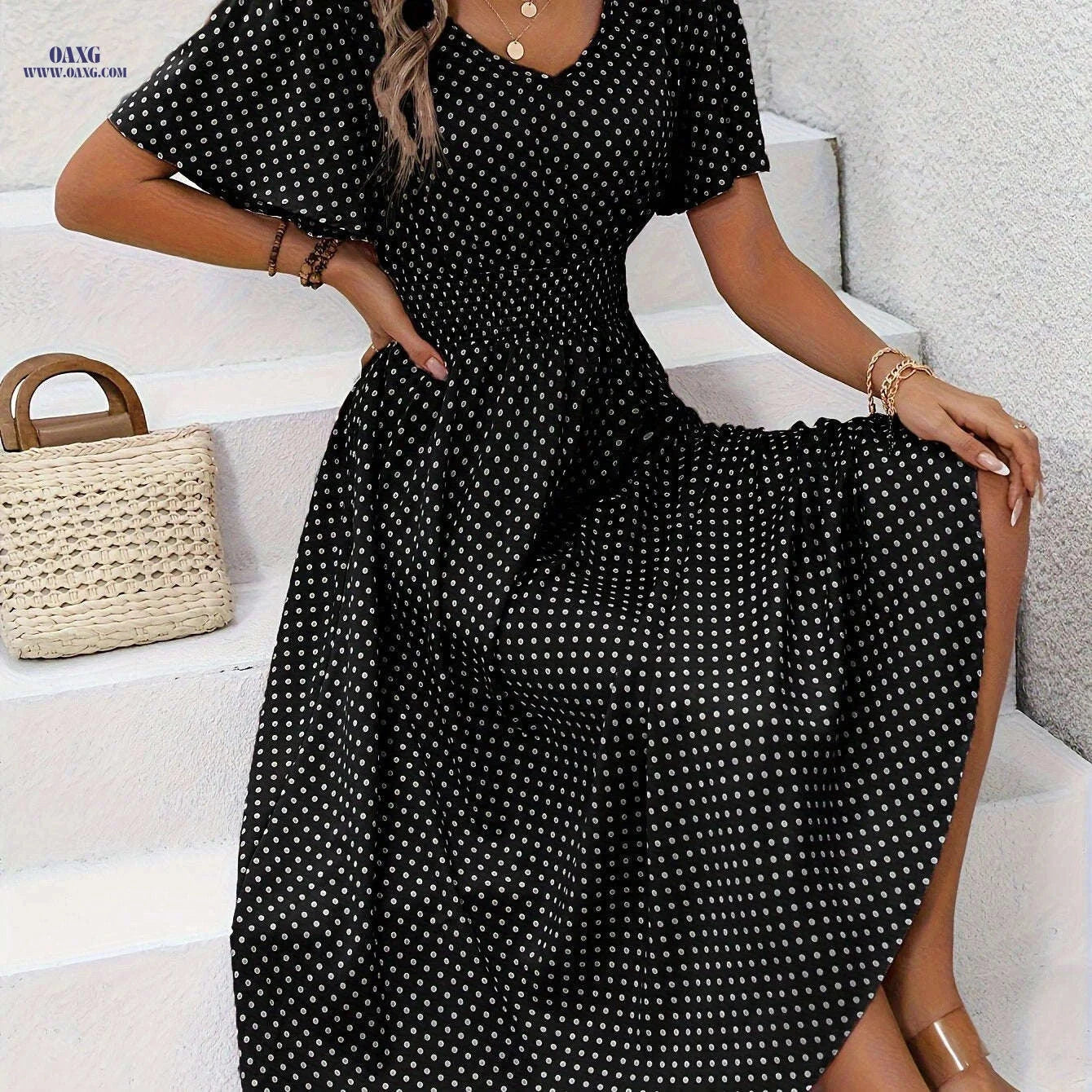 Women's Casual V-Neck Dress - 100% Polyester, Polka Dot Print   OAXG 