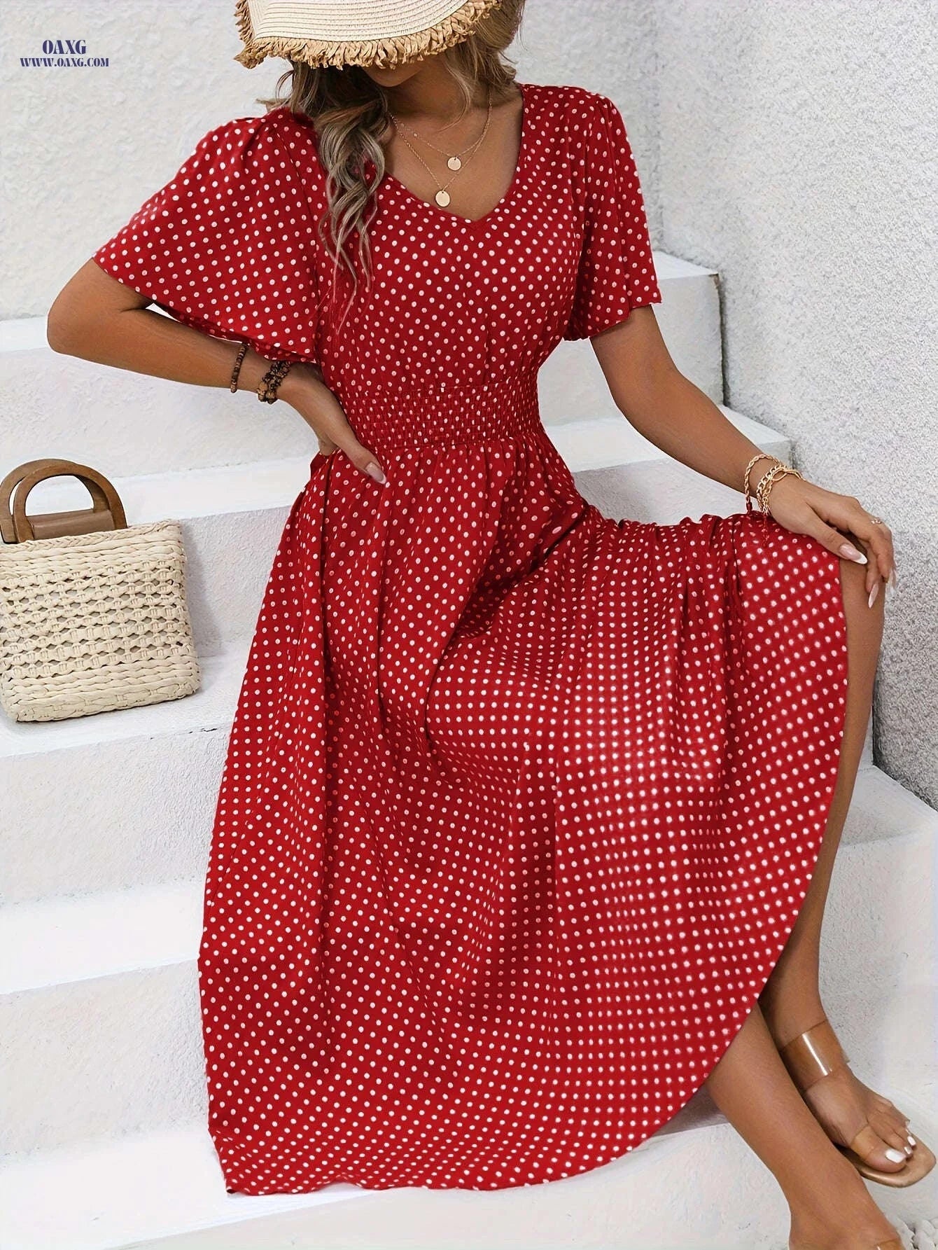 Women's Casual V-Neck Dress - 100% Polyester, Polka Dot Print   OAXG 