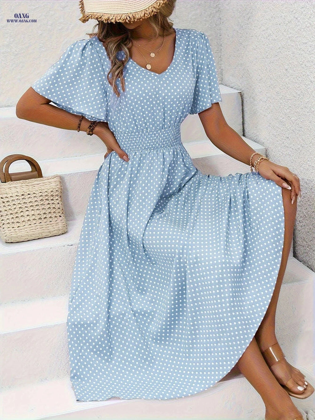 Women's Casual V-Neck Dress - 100% Polyester, Polka Dot Print   OAXG 
