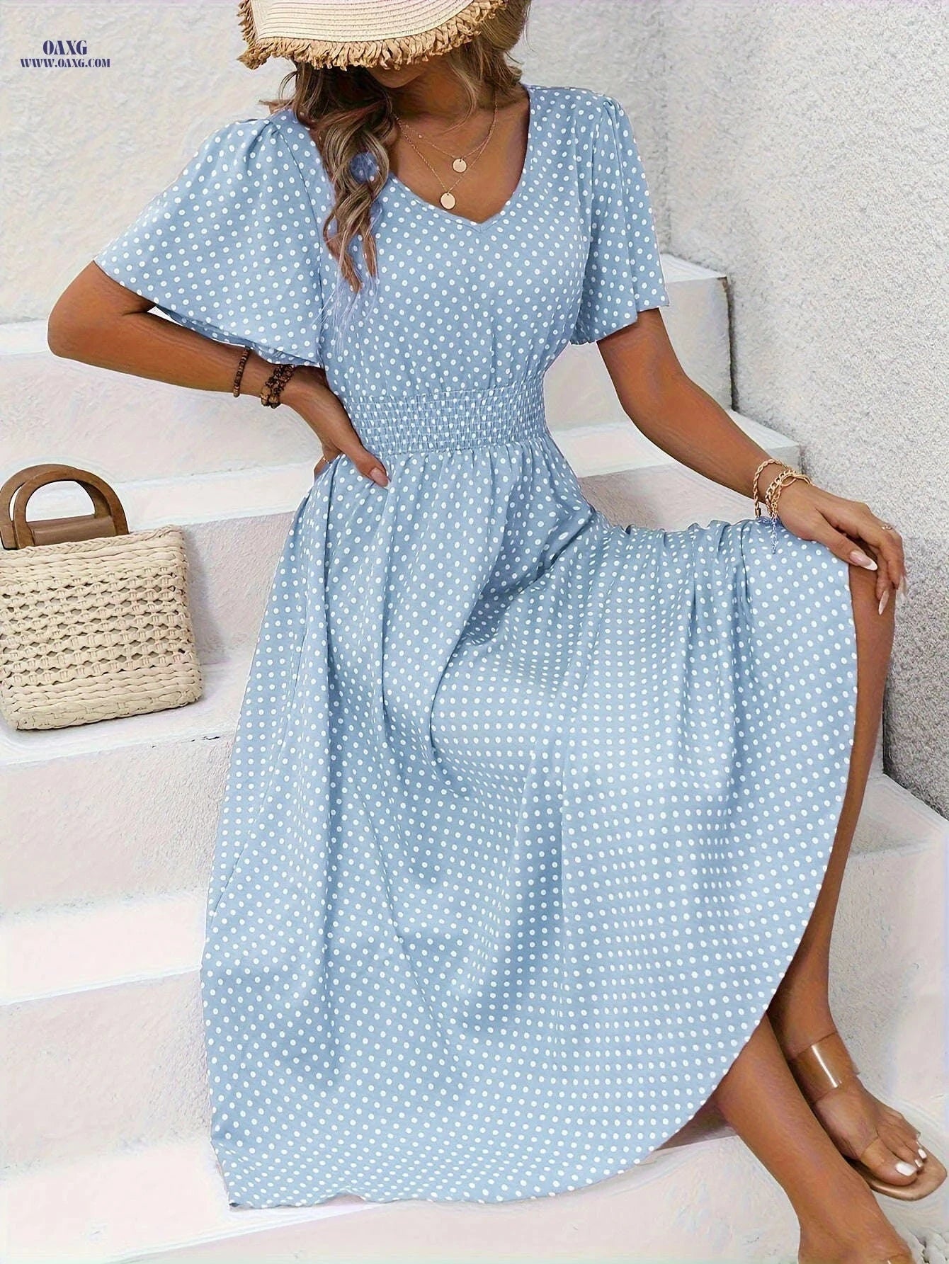 Women's Casual V-Neck Dress - 100% Polyester, Polka Dot Print   OAXG 
