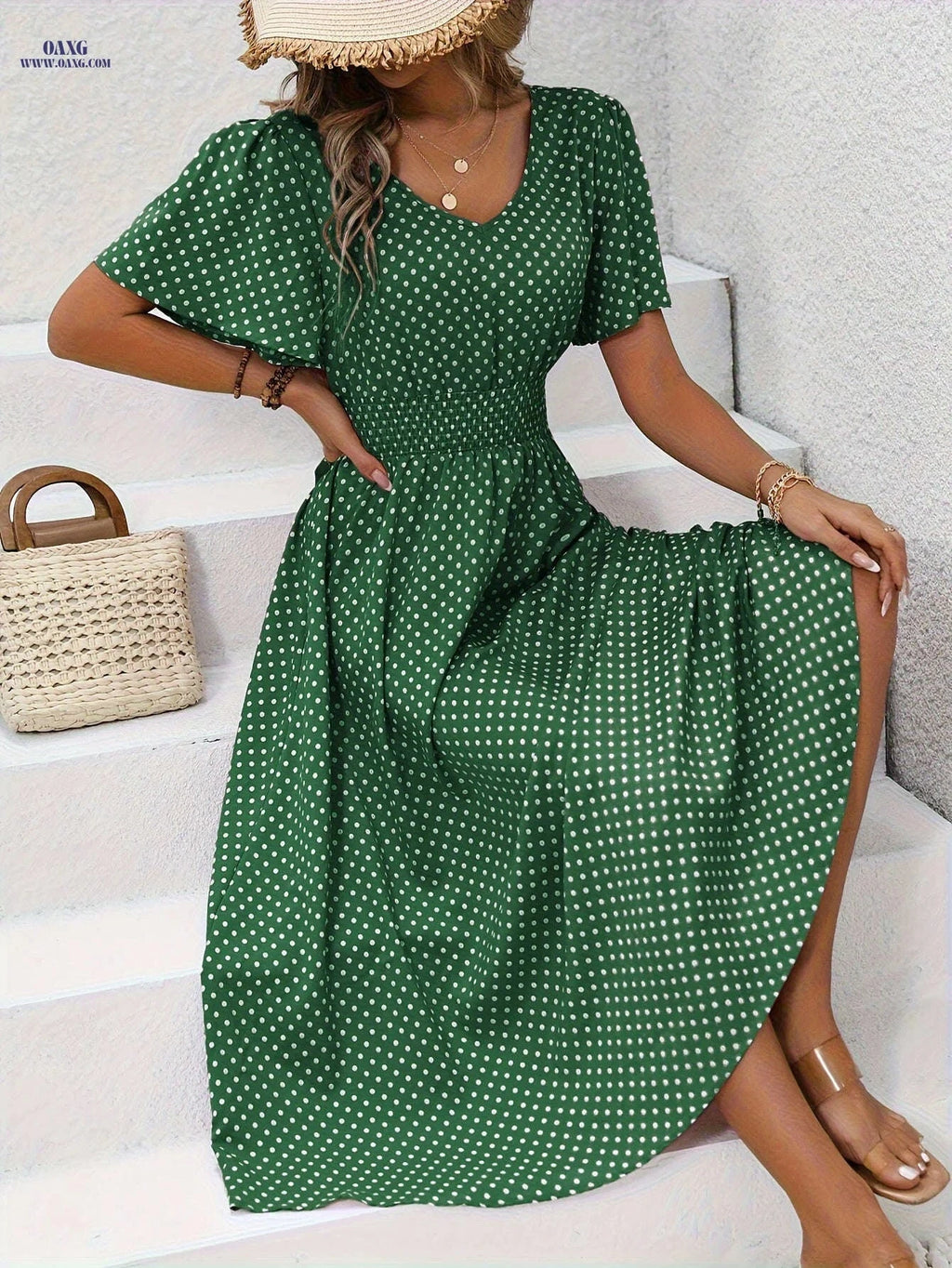 Women's Casual V-Neck Dress - 100% Polyester, Polka Dot Print   OAXG 