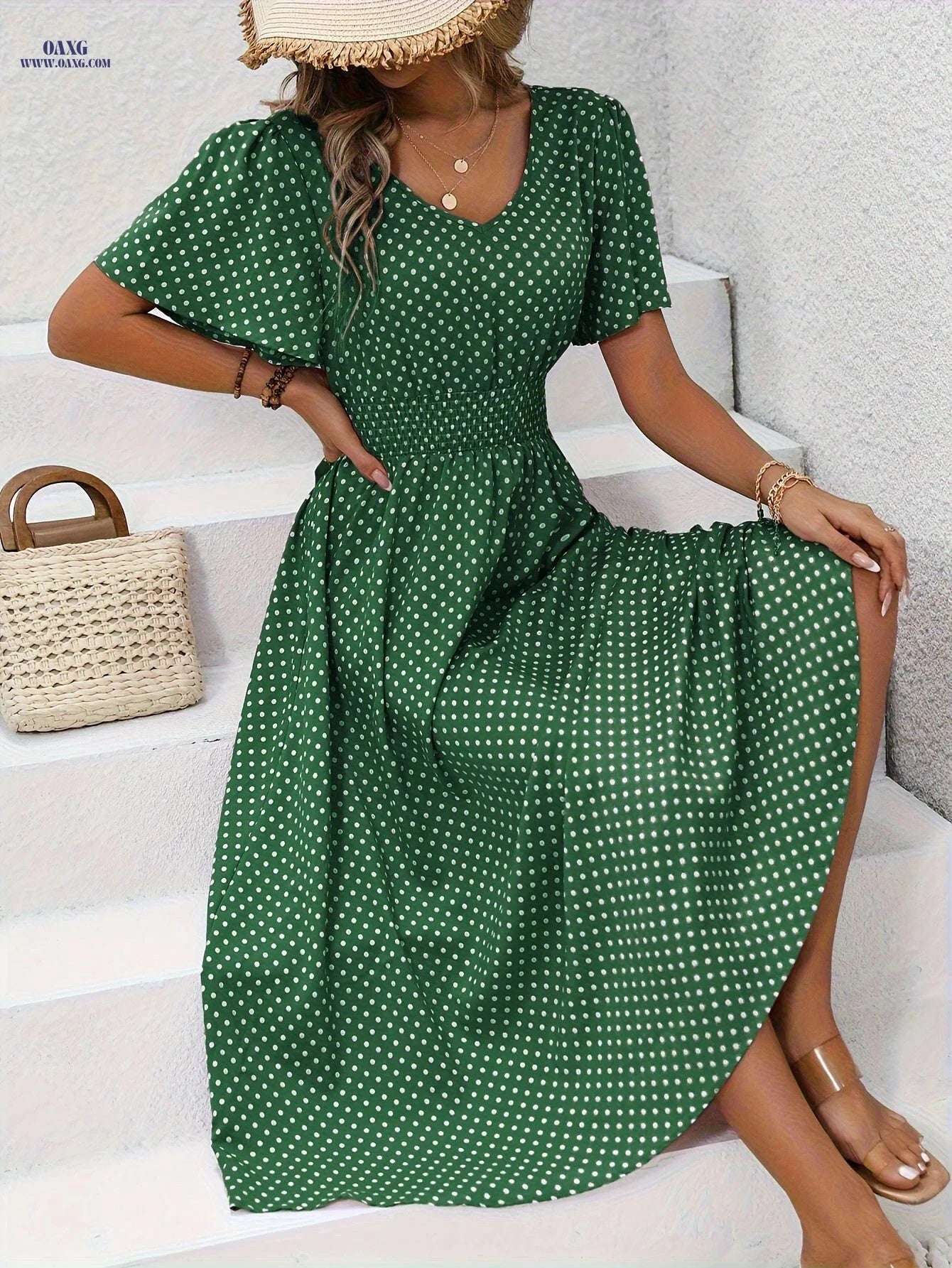Women's Casual V-Neck Dress - 100% Polyester, Polka Dot Print   OAXG 